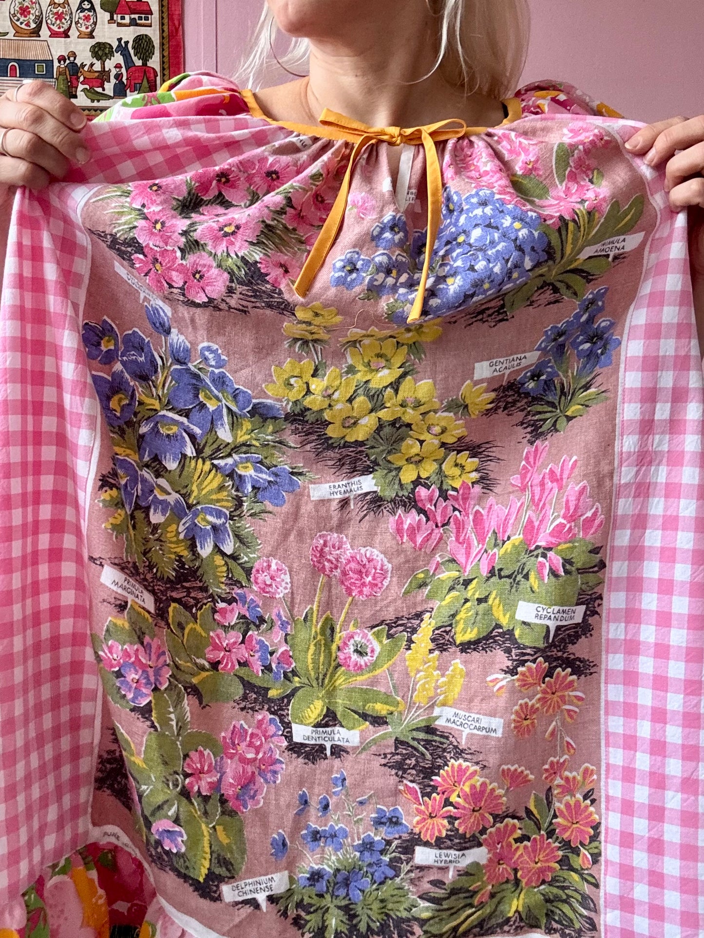 Alpine flowers teatowel and gingham dress