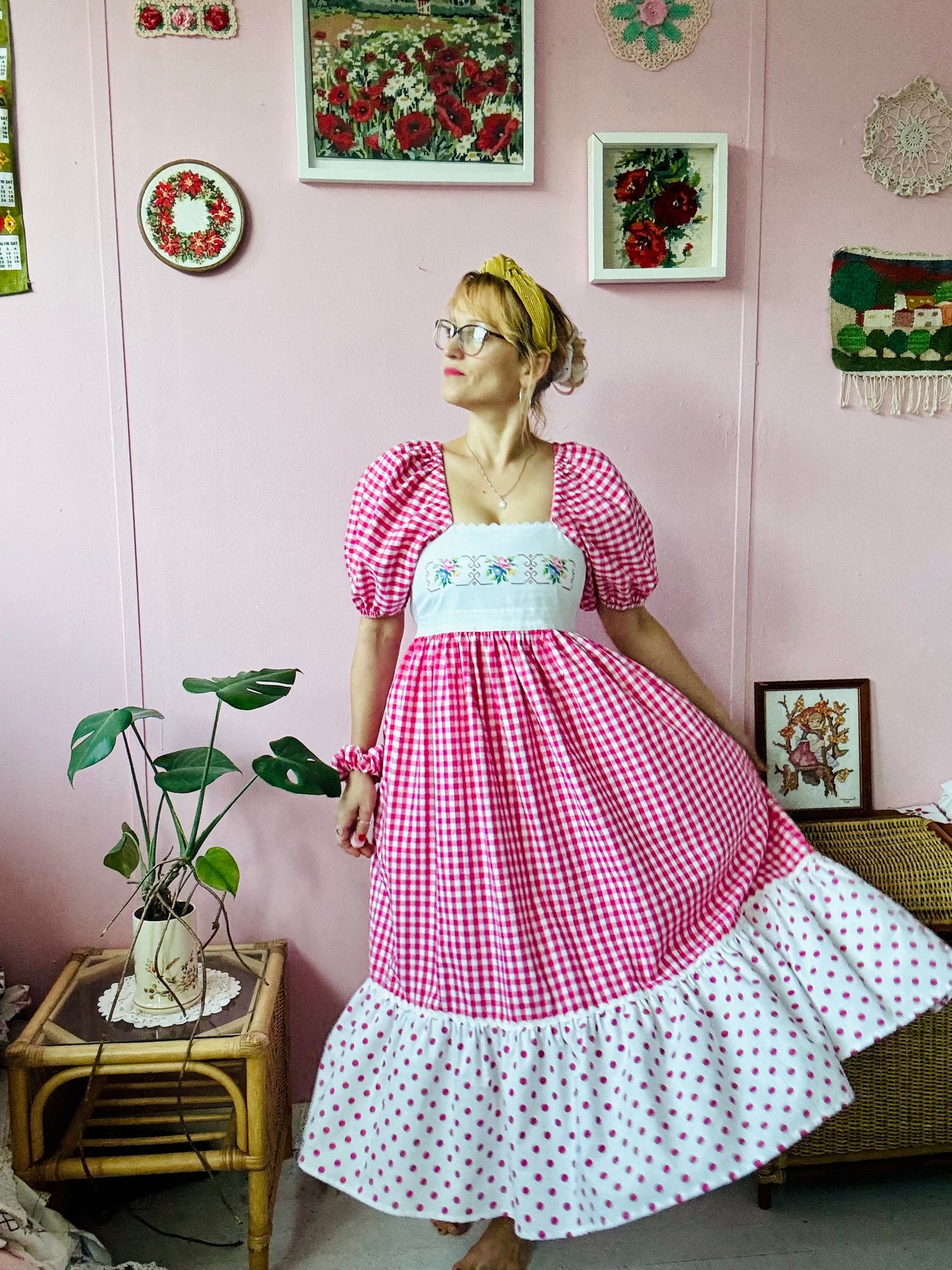 Pink gingham and embroidery dress