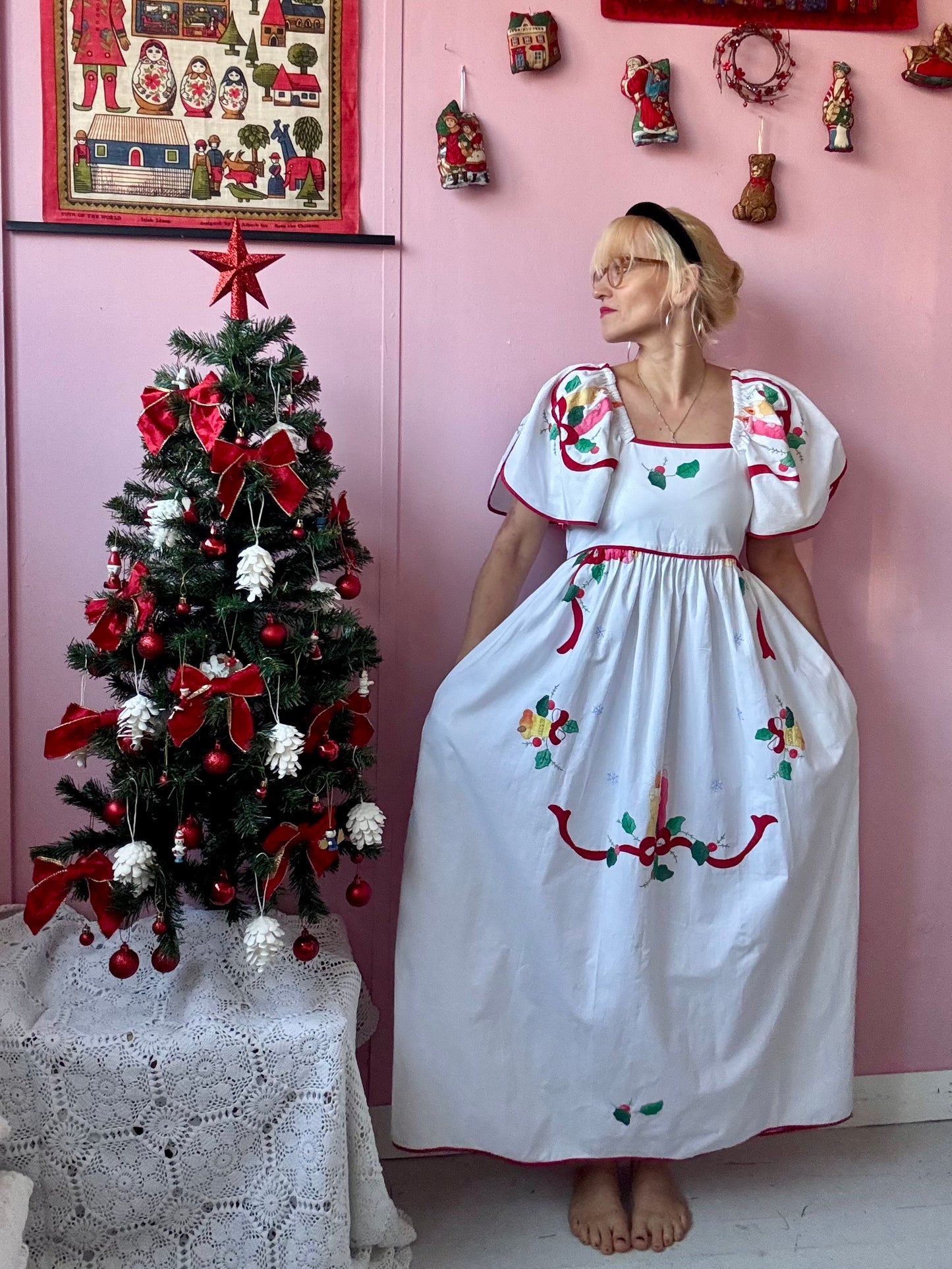 White maxi dress with Christmas applique