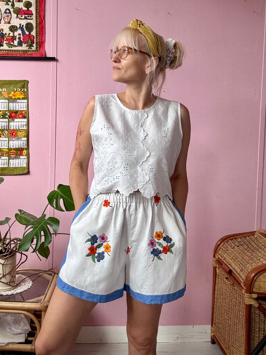 White/blue floral shorts