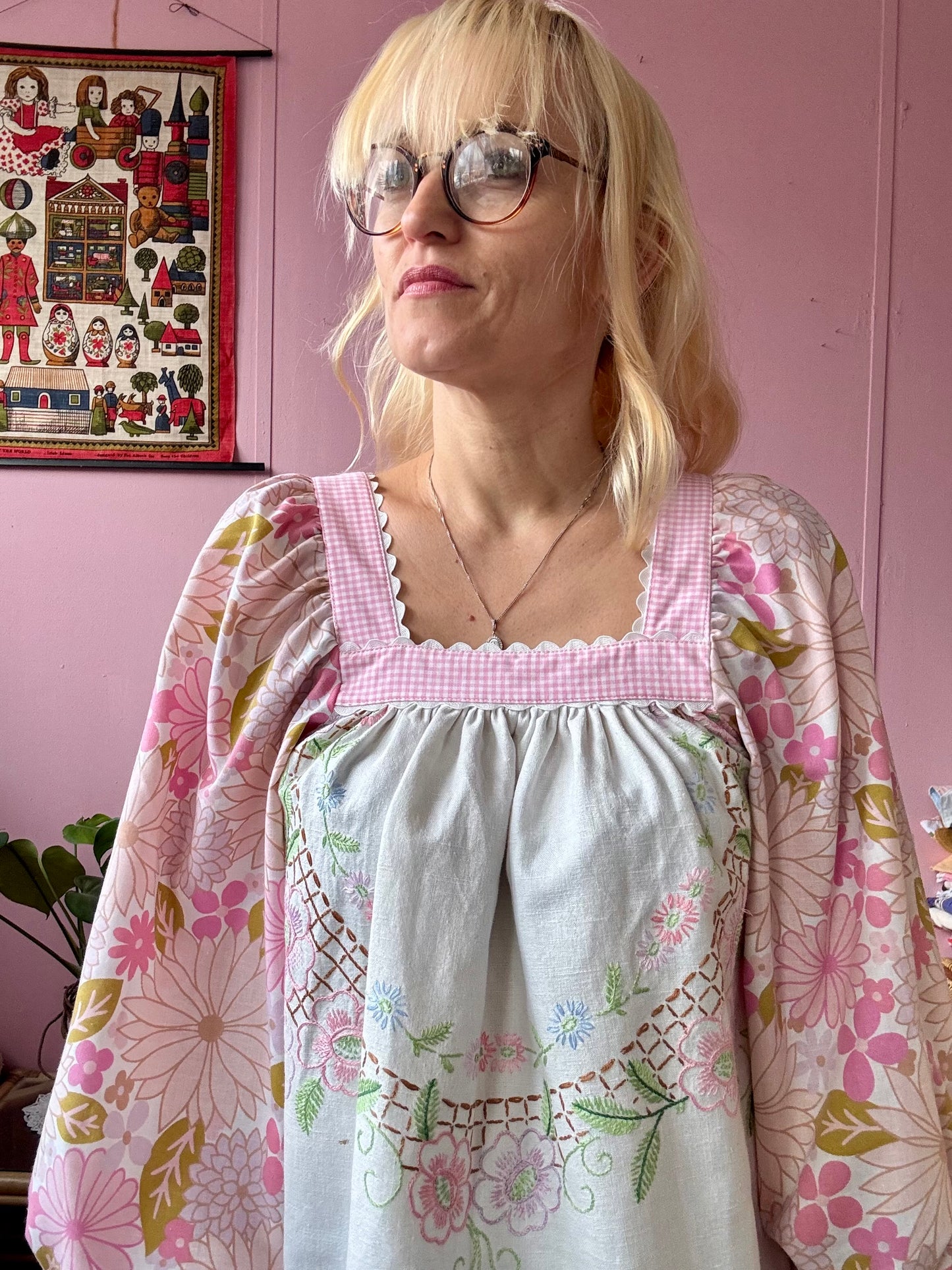 Pink floral and gingham blouse