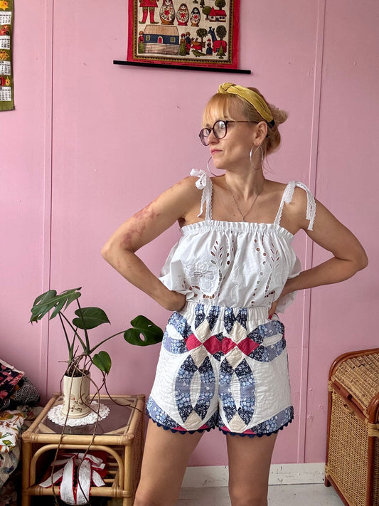 Patchwork shorts with back pockets