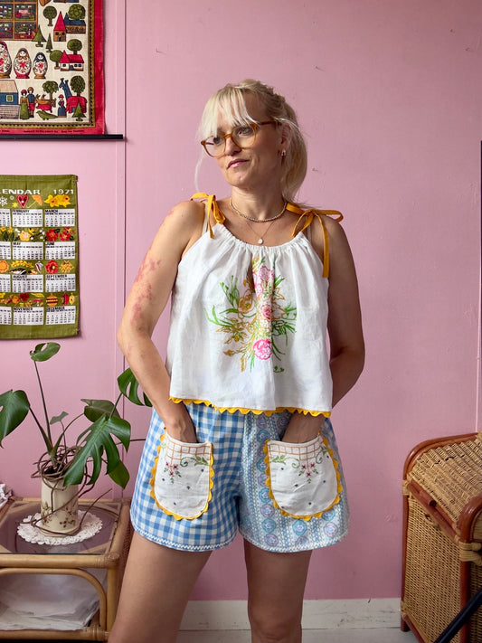 Blue gingham/print shorts with front pockets