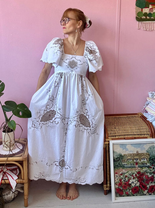 White maxi with beige floral embroidery