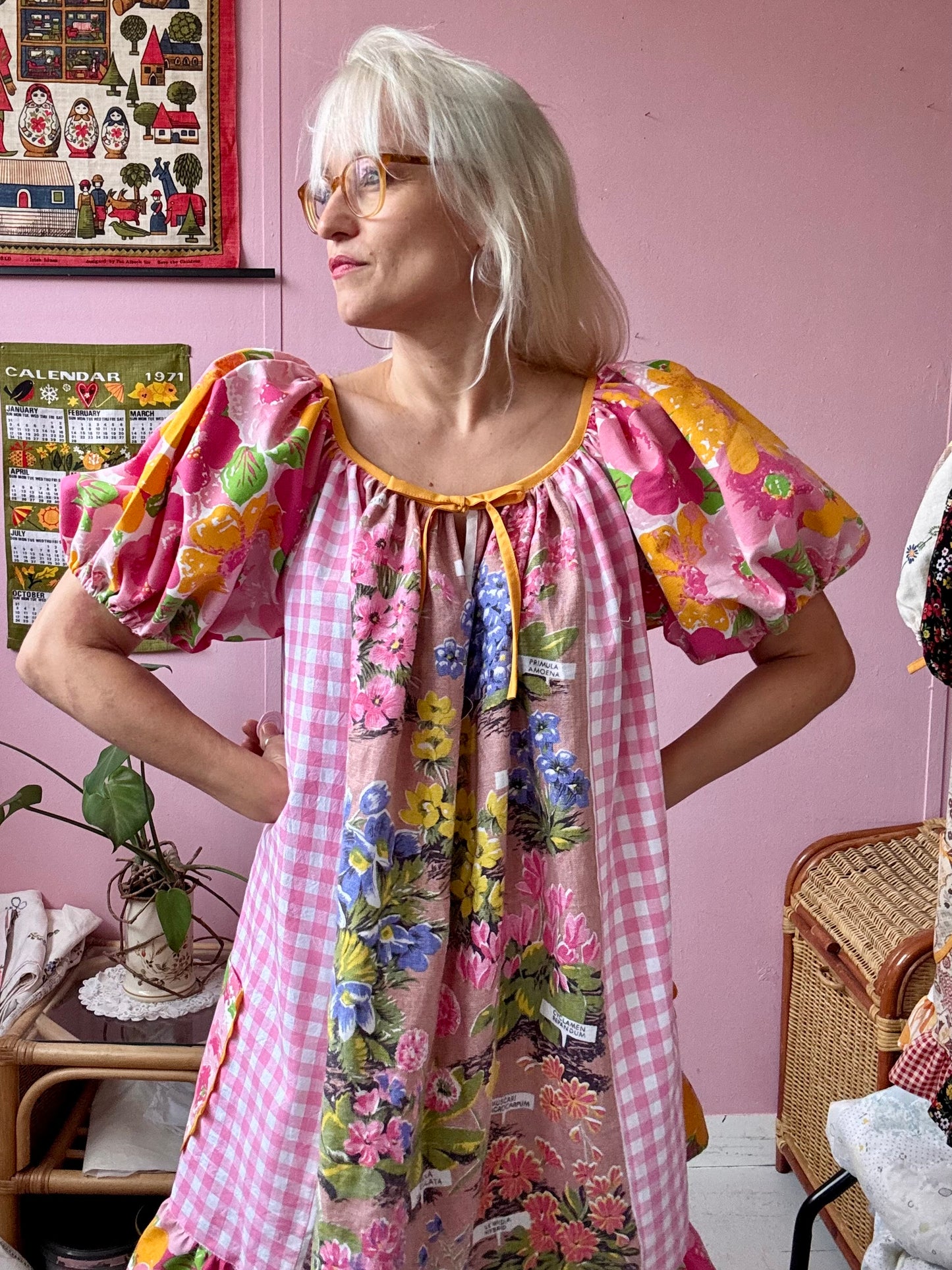 Alpine flowers teatowel and gingham dress