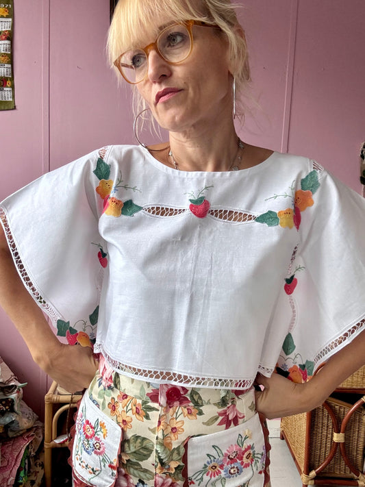 Strawberry and flowers basic top