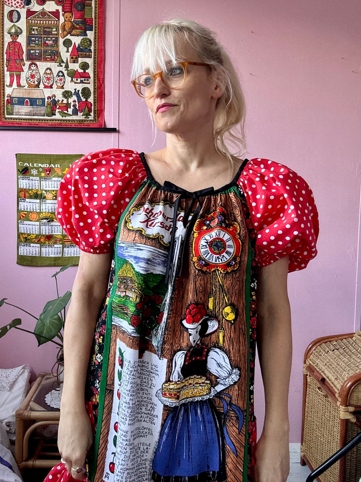 Vintage teatowel and polka dots short dress