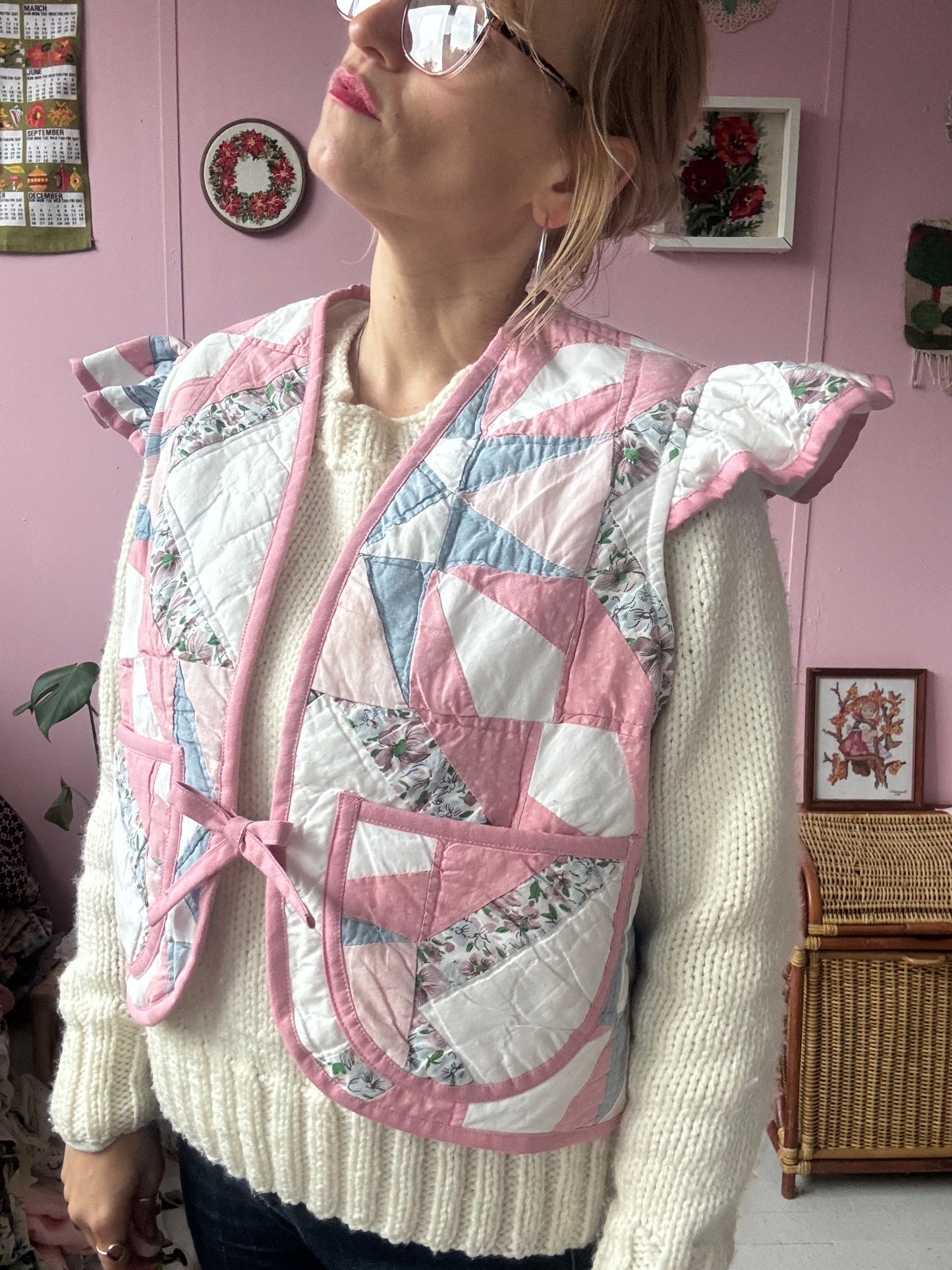 Pink/blue patchwork vest with sleeves