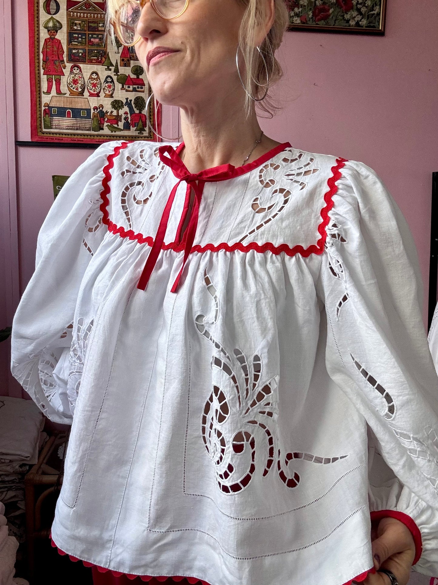 White embroidery blouse with red ric rac