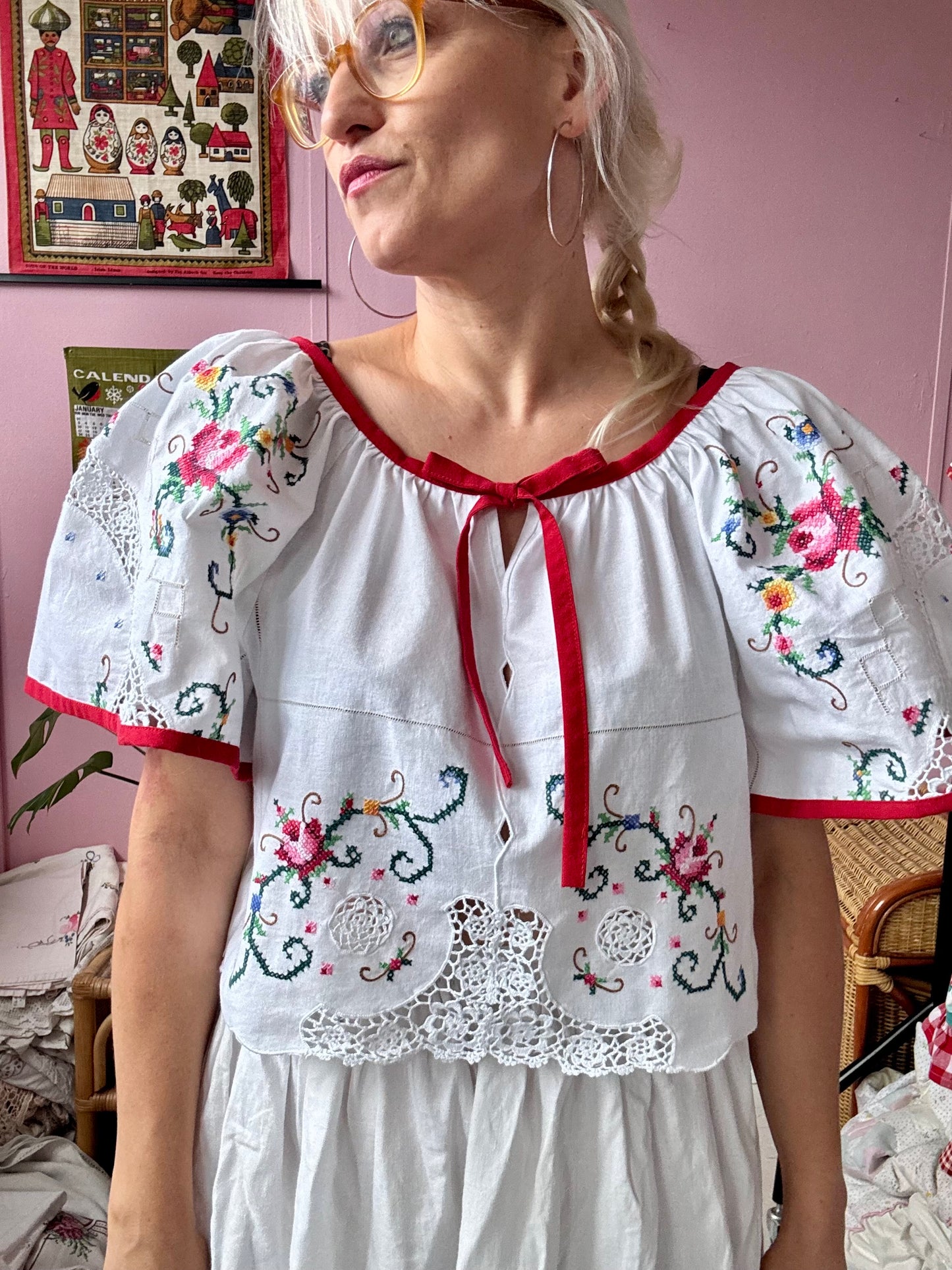 Embroidery blouse with red trim