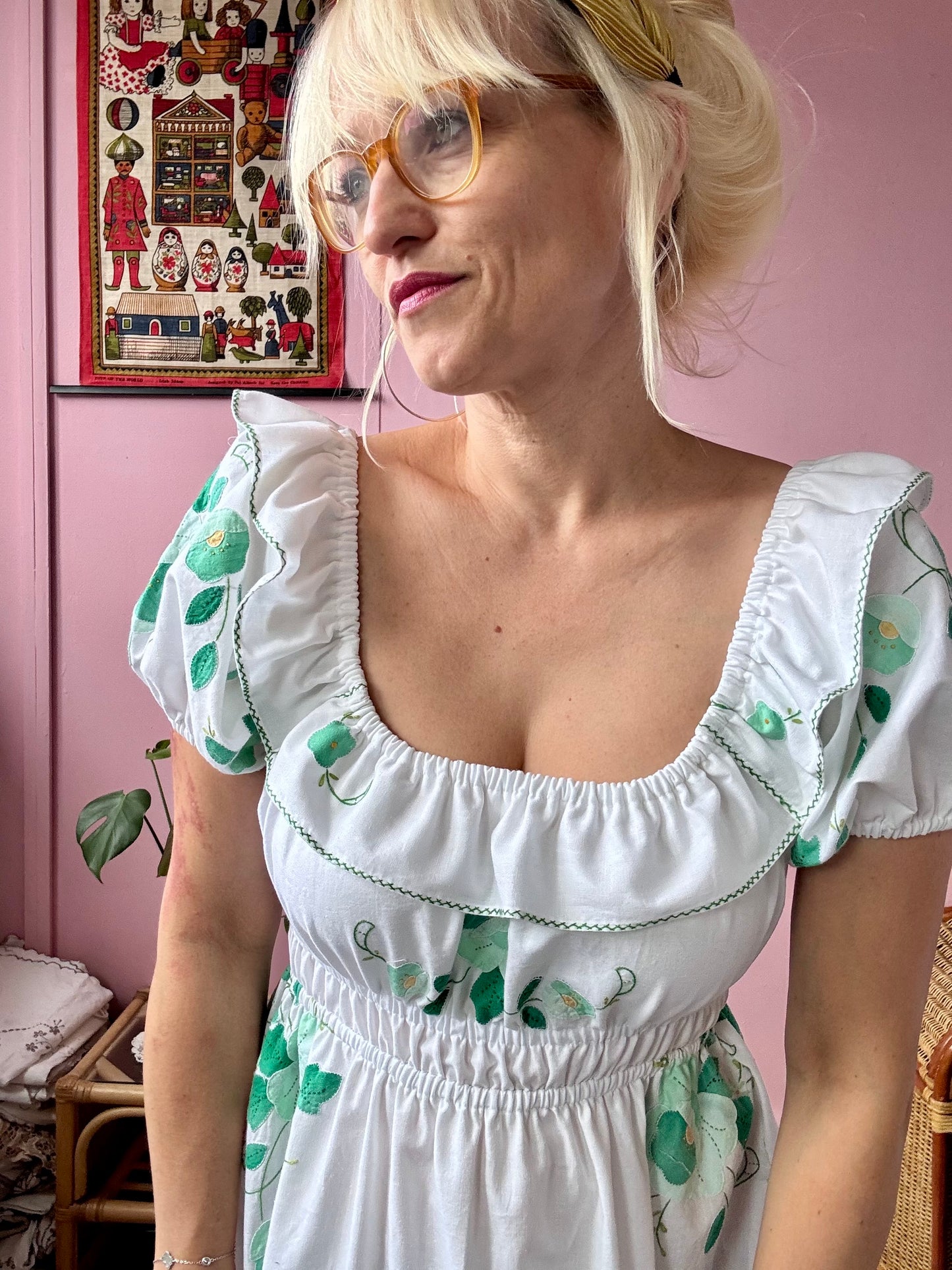 White/green floral appliqués dress