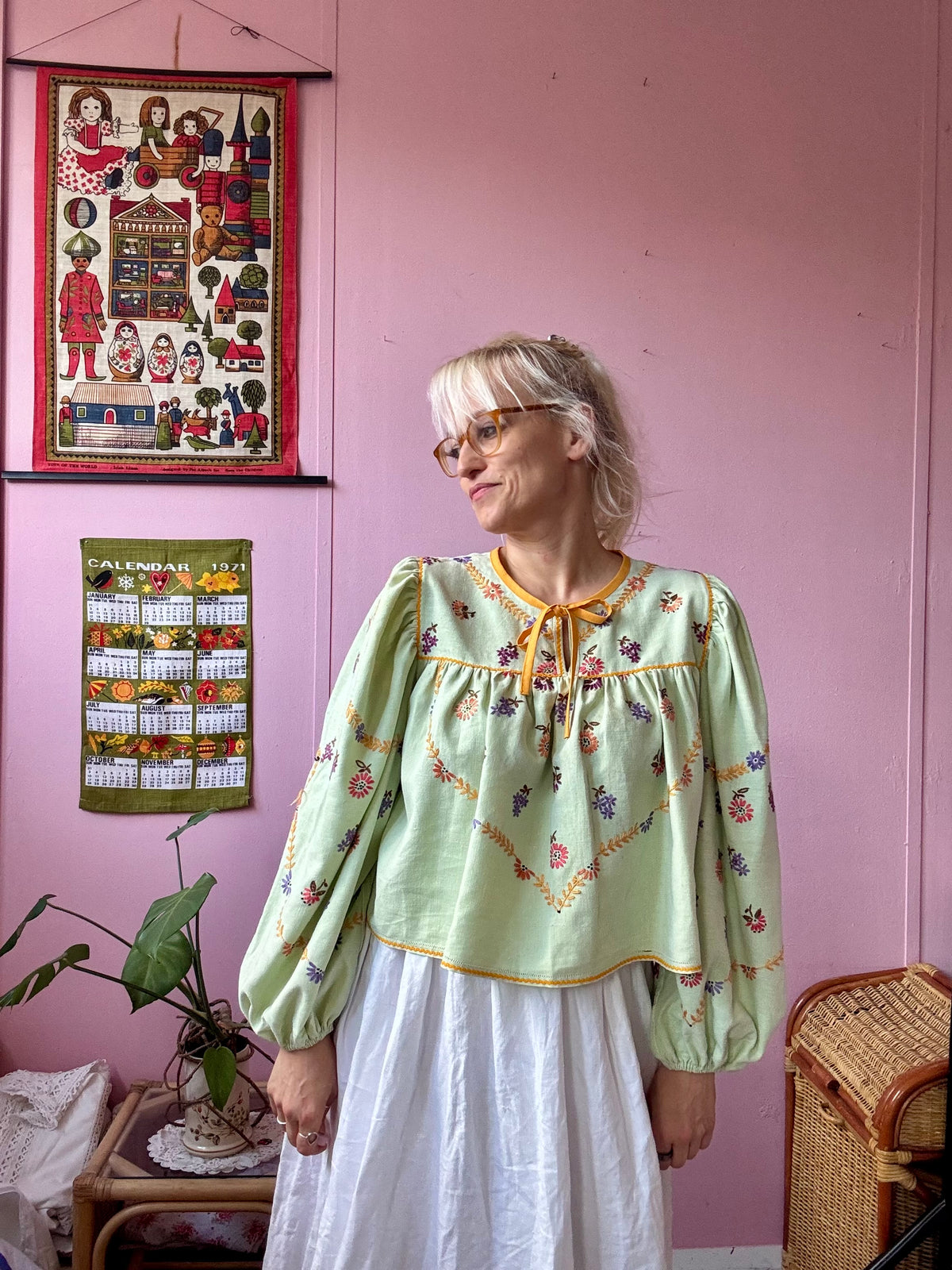 Green blouse with mustard yellow details