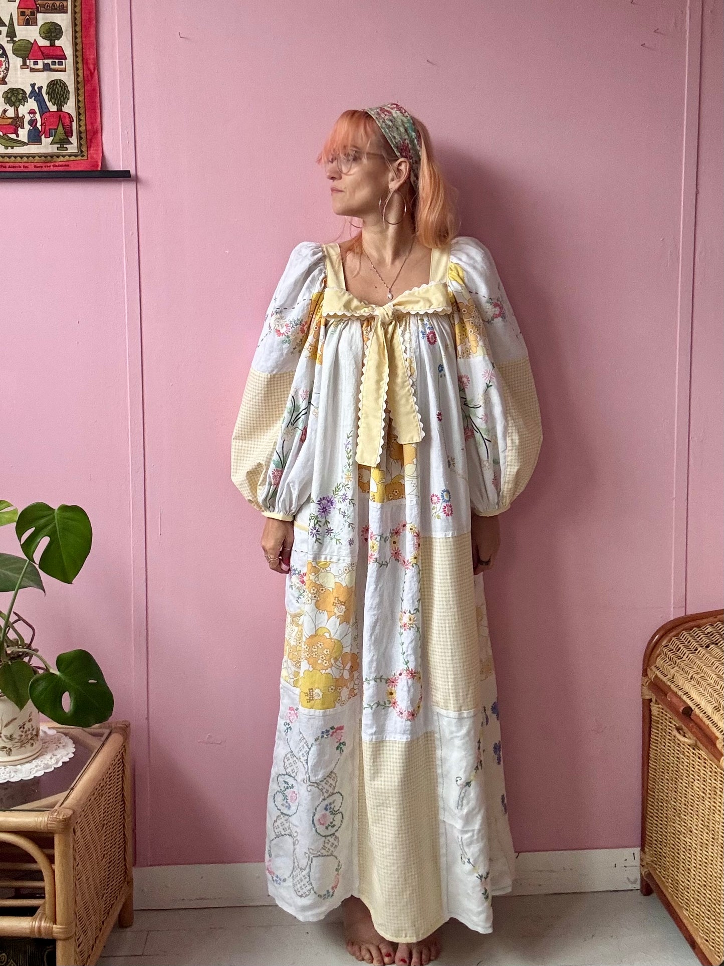 Yellow patchwork maxi dress with bow