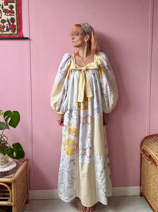 Yellow patchwork maxi dress with bow