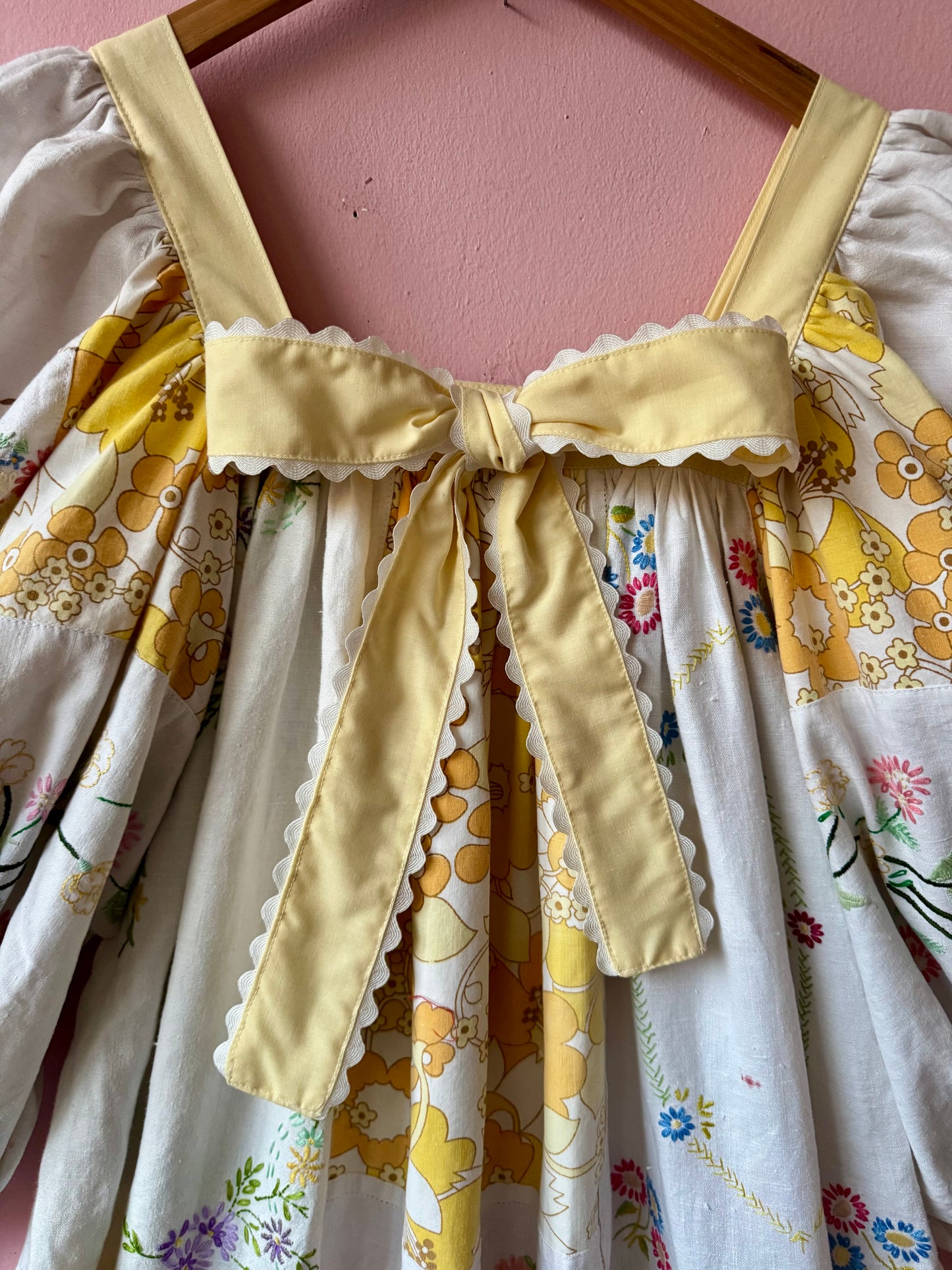 Yellow patchwork maxi dress with bow