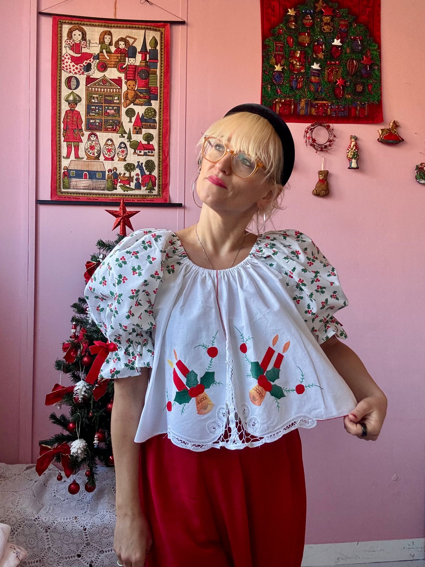 Christmas blouse with holly print sleeves and bows