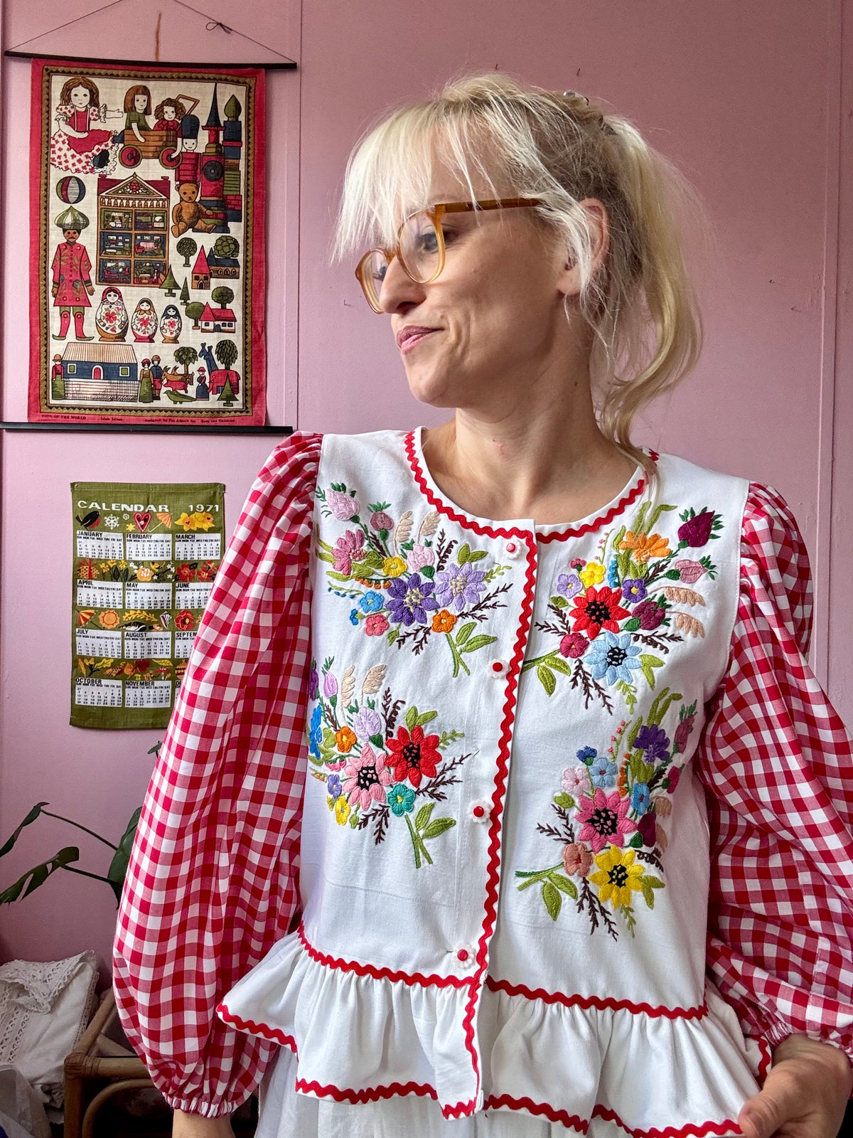 Floral and red gingham blouse