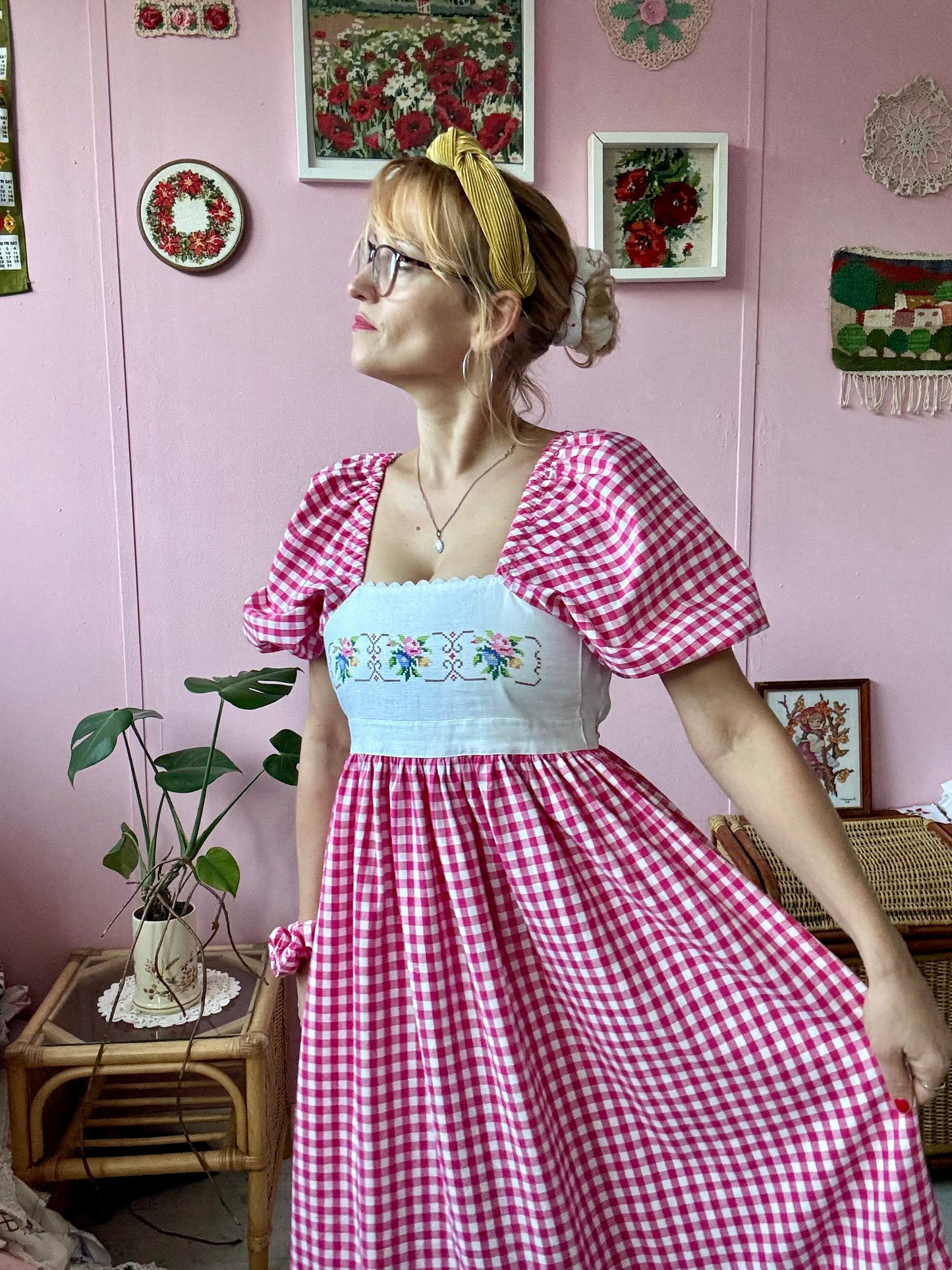 Pink gingham and embroidery dress