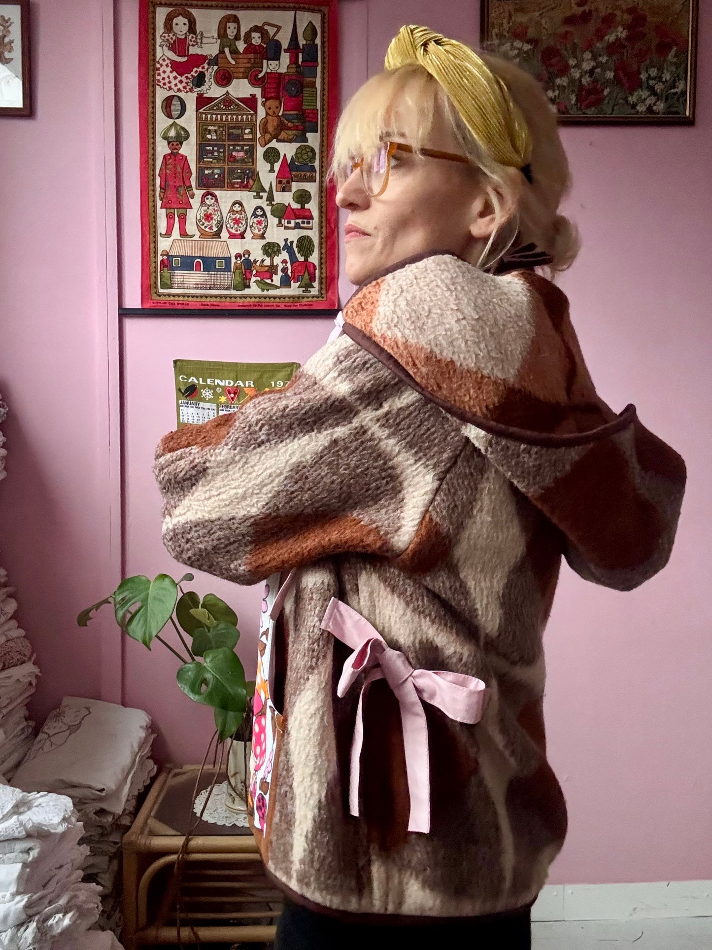 Brown wool blanket jacket with detachable hood