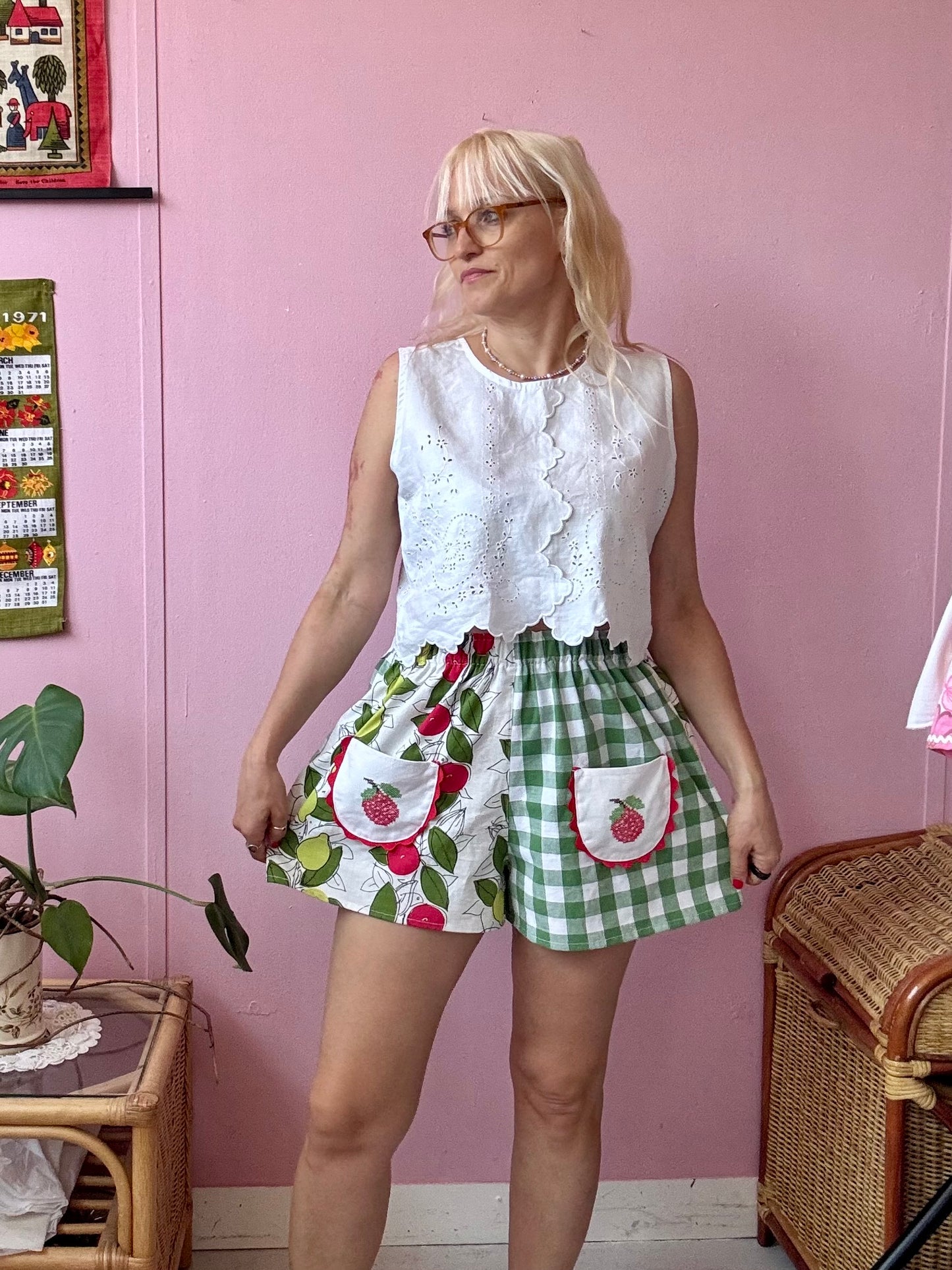 Green gingham and fruity shorts
