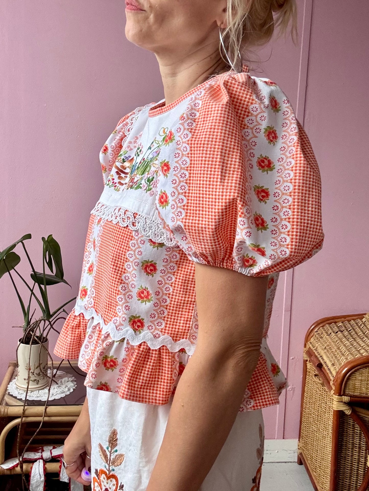 Orange gingham/floral blouse