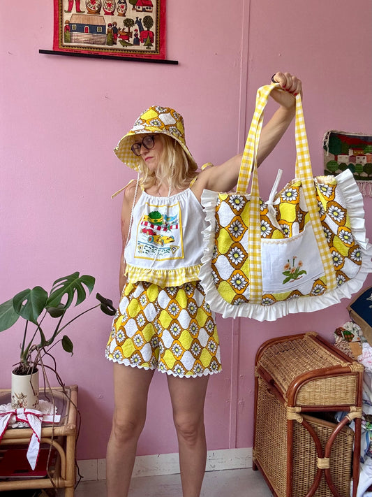 Yellow towel shorts set with bag and bucket hat