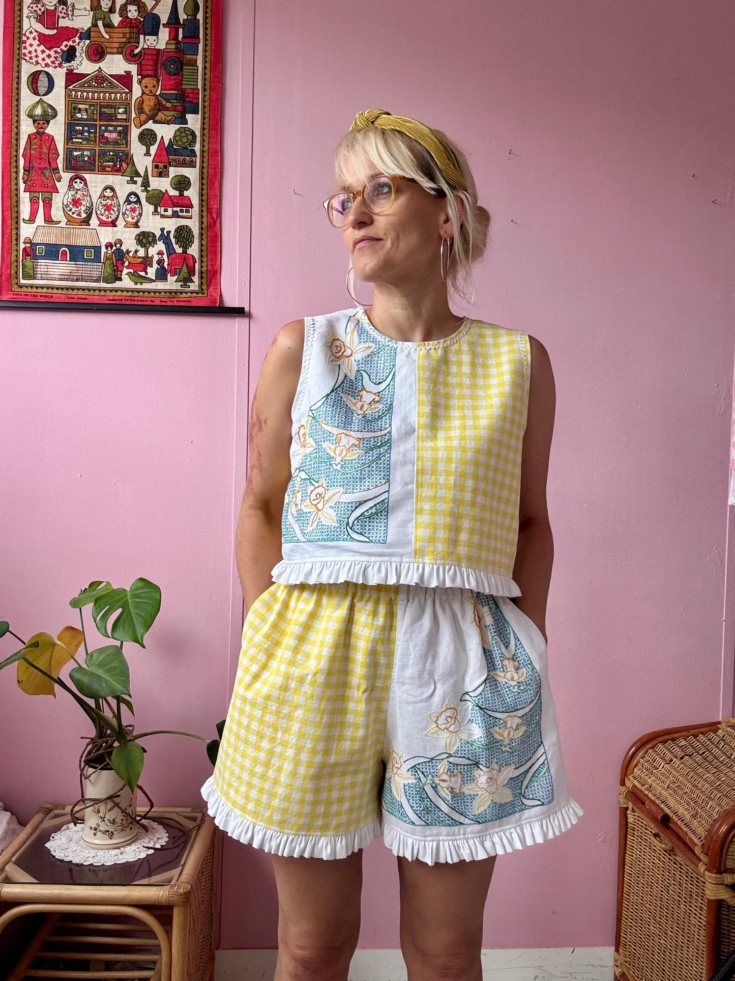Yellow gingham and floral shorts set