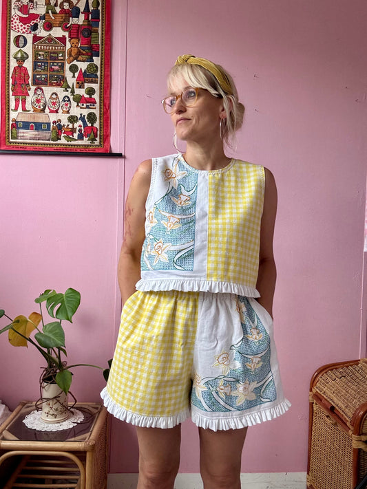 Yellow gingham and floral shorts set