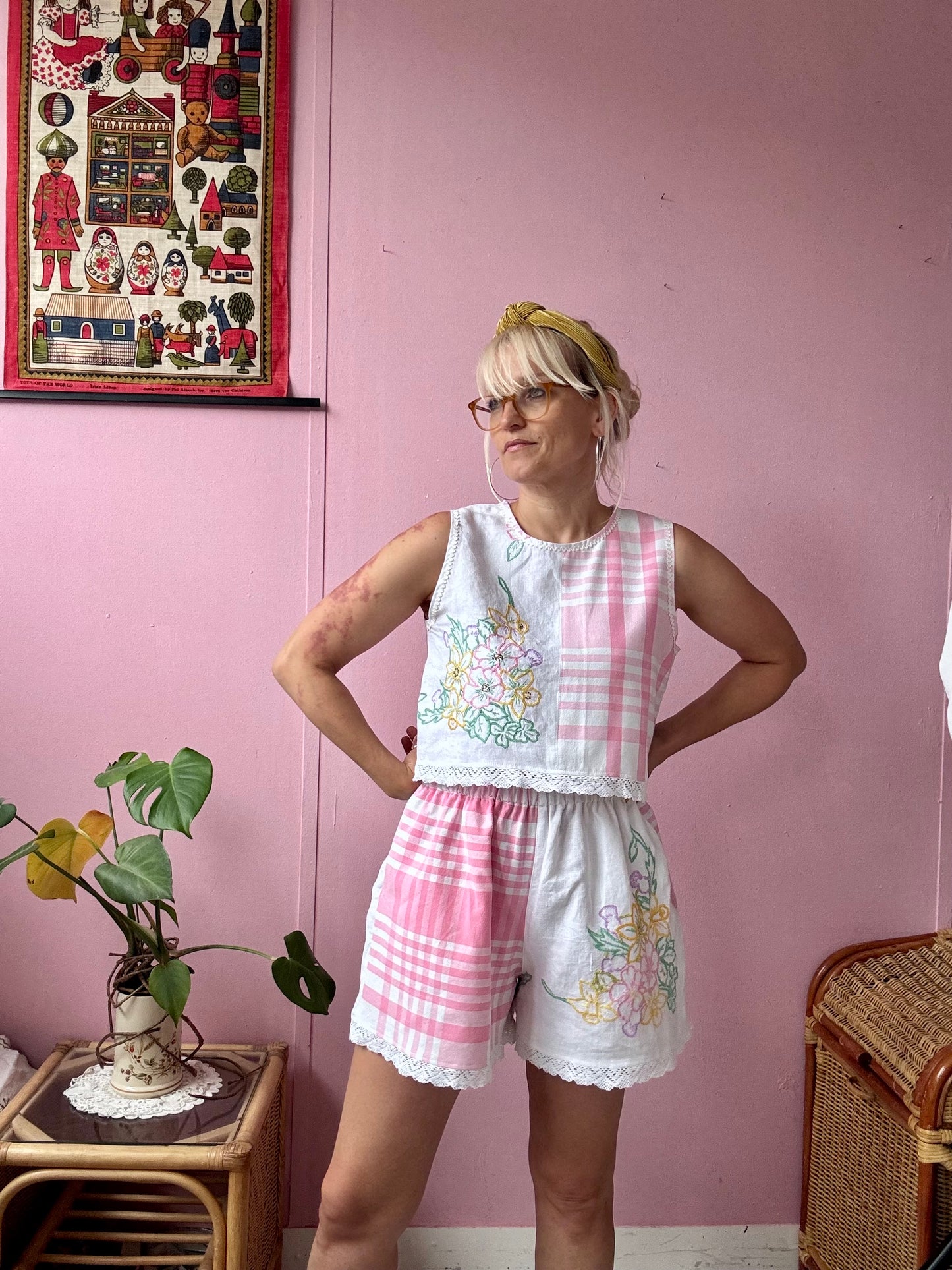 Pink check and floral shorts set