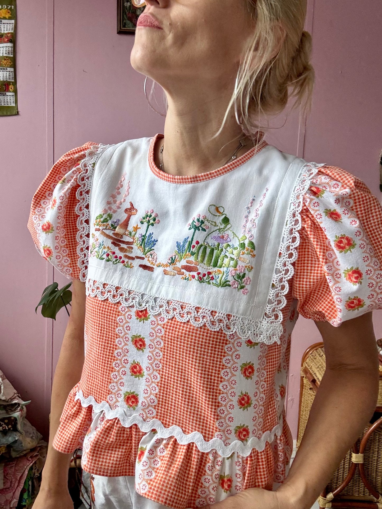 Orange gingham/floral blouse