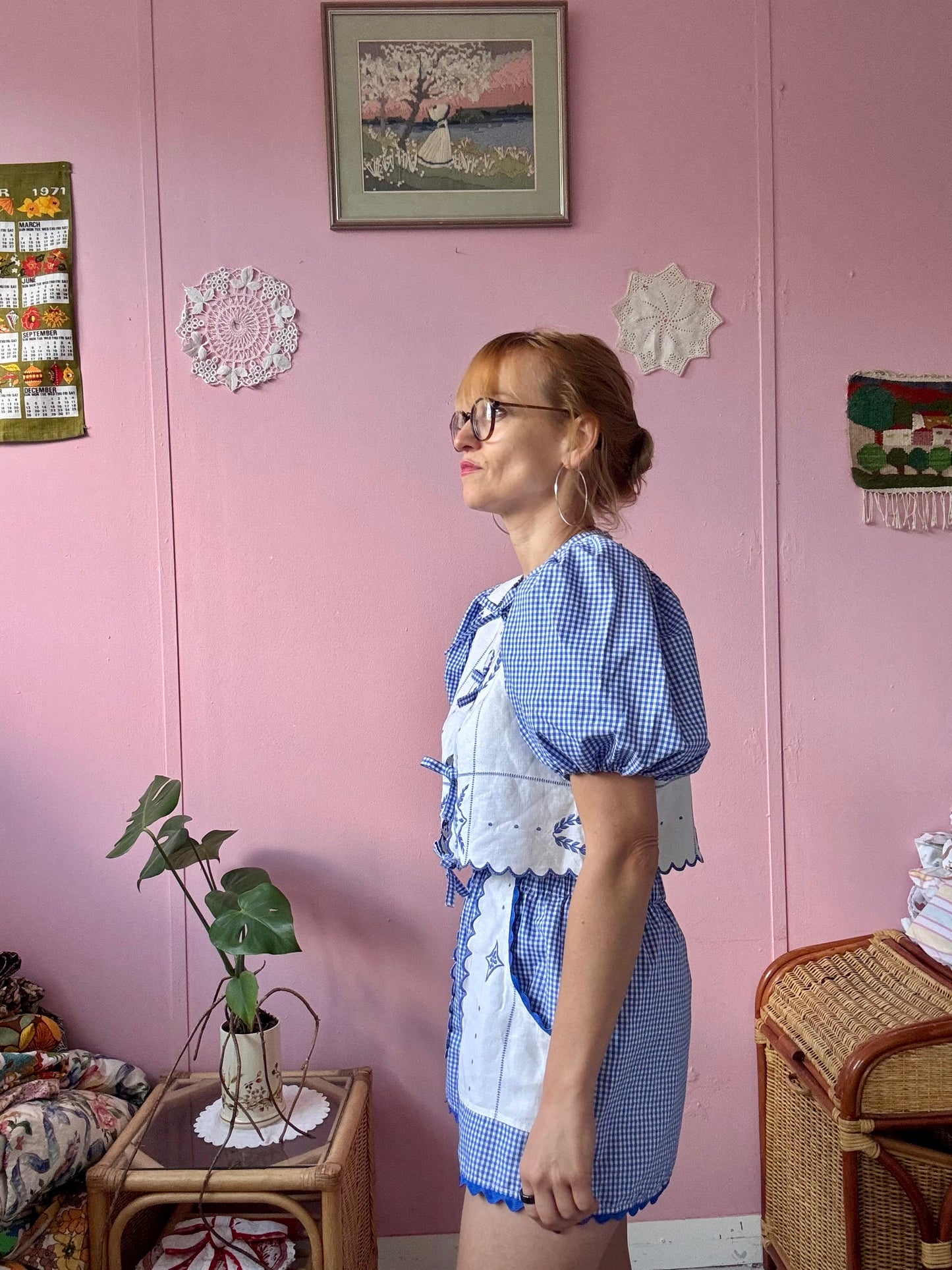Embroidery and blue gingham shorts set