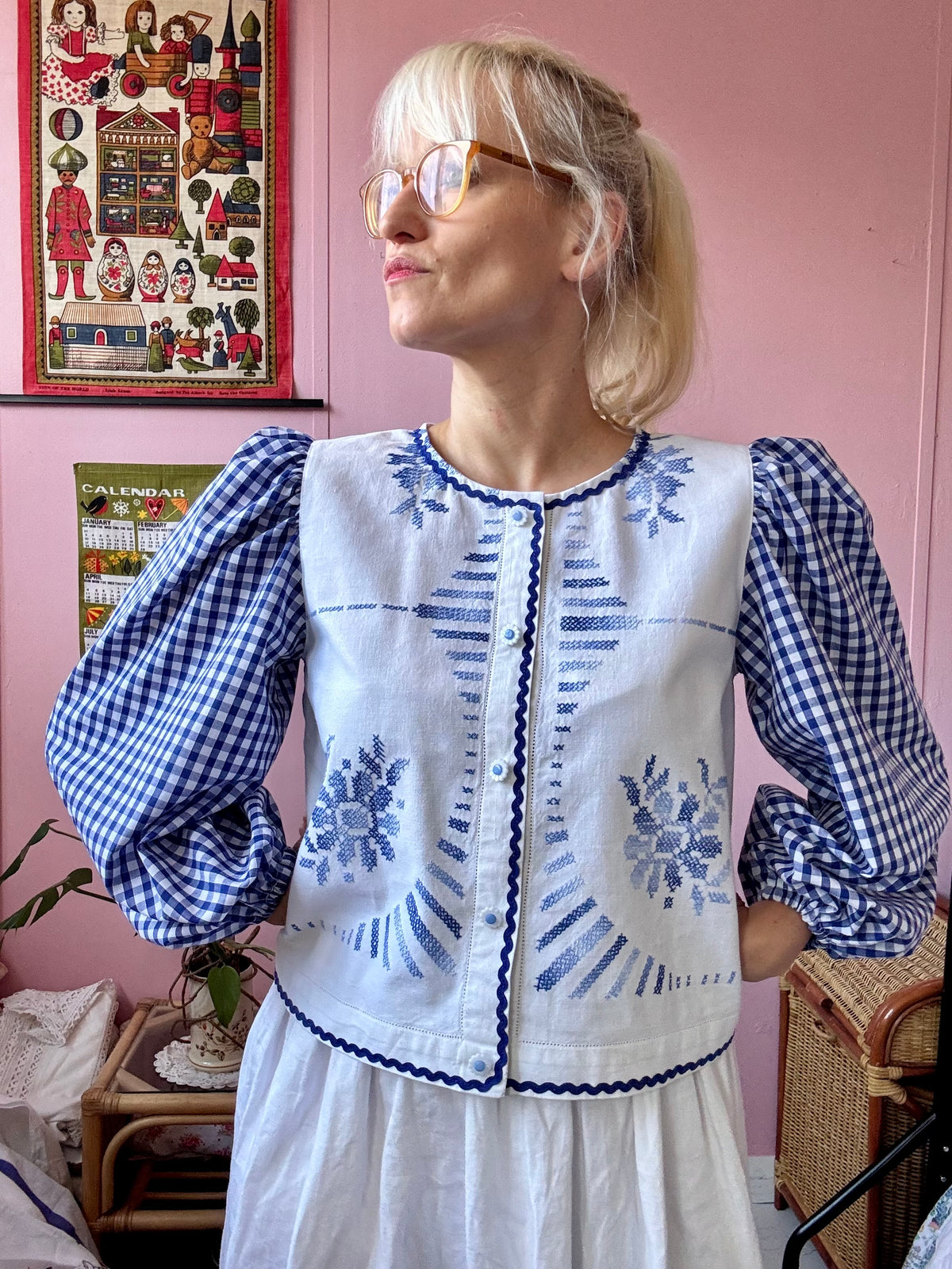 Blue embroidery and gingham blouse