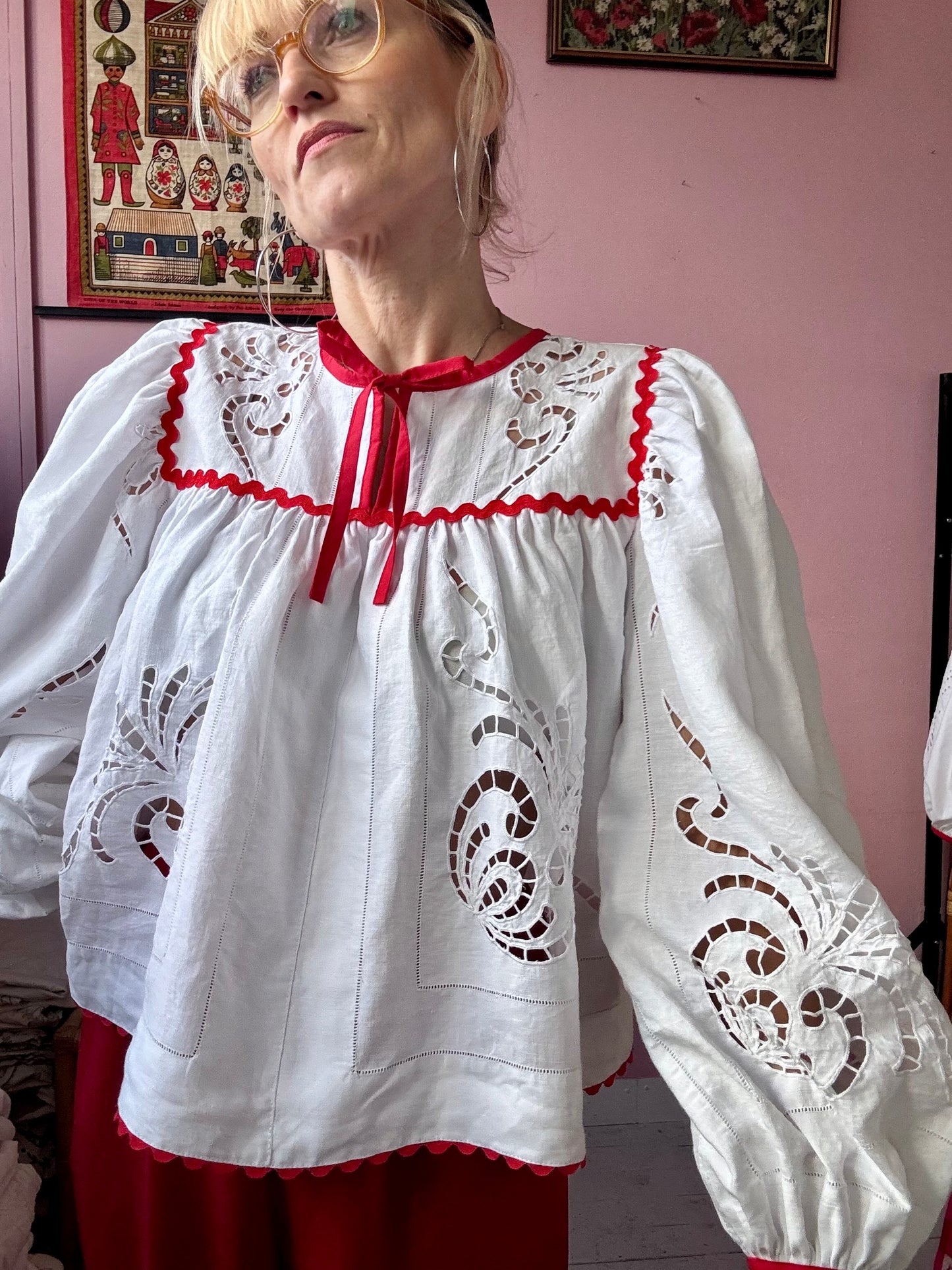 White embroidery blouse with red ric rac
