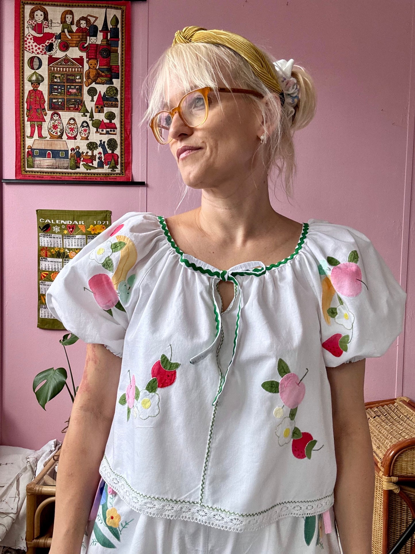 Fruity blouse with green ric rac