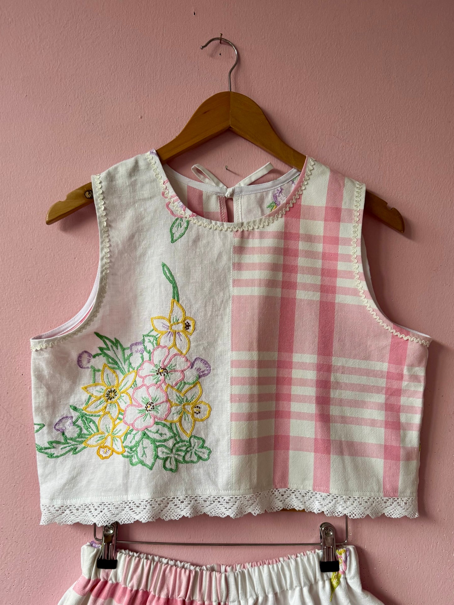Pink check and floral shorts set