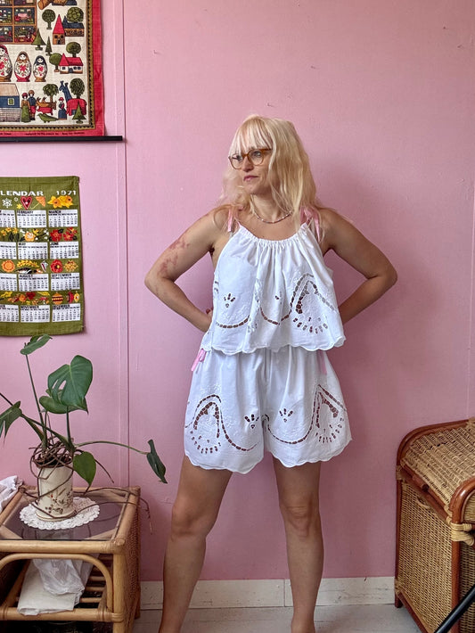 White embroidery shorts set