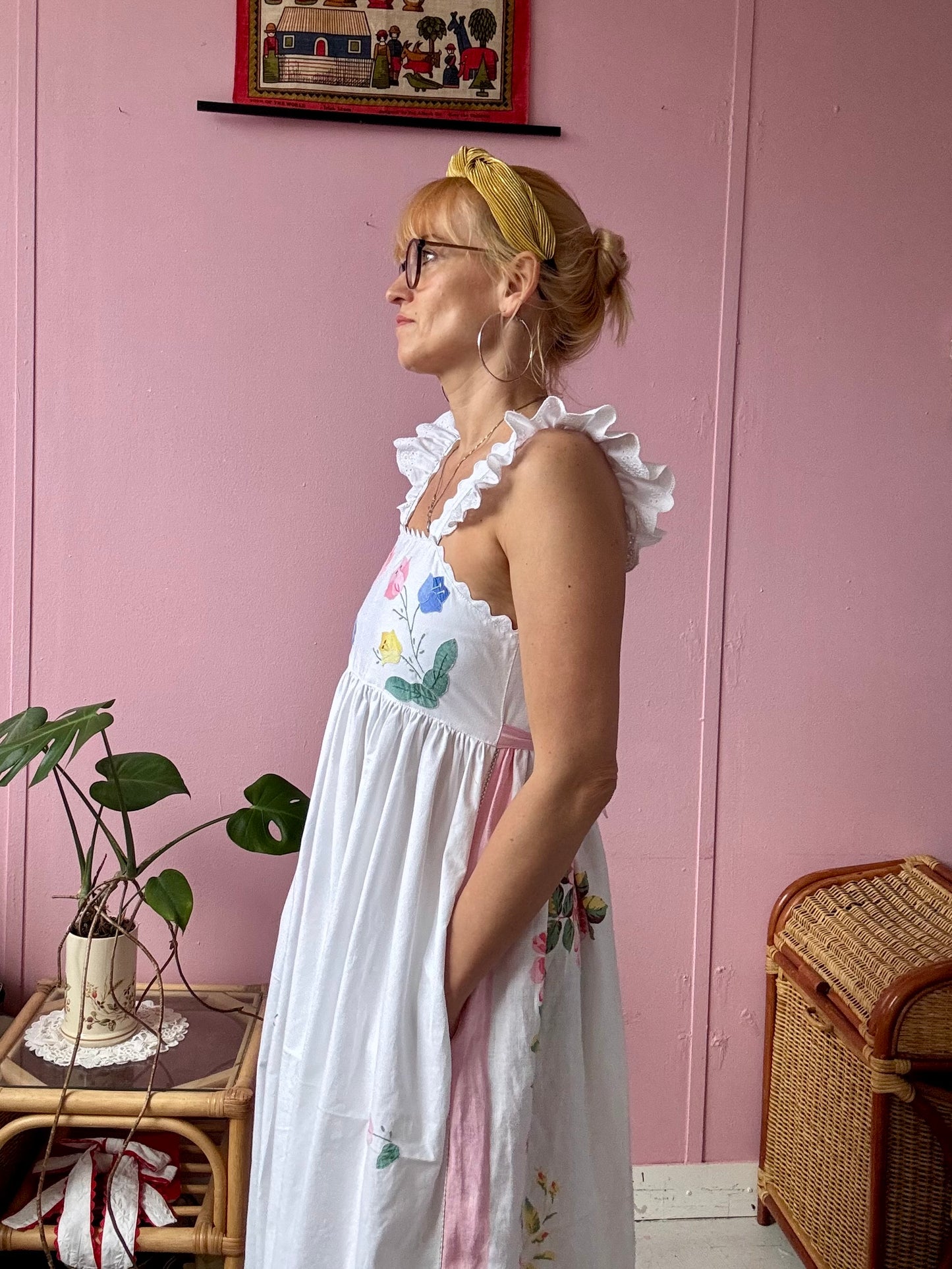 Floral maxi dress made from 2 vintage tablecloths