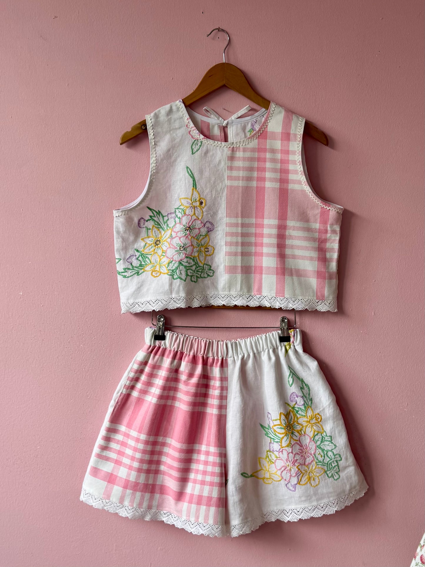 Pink check and floral shorts set