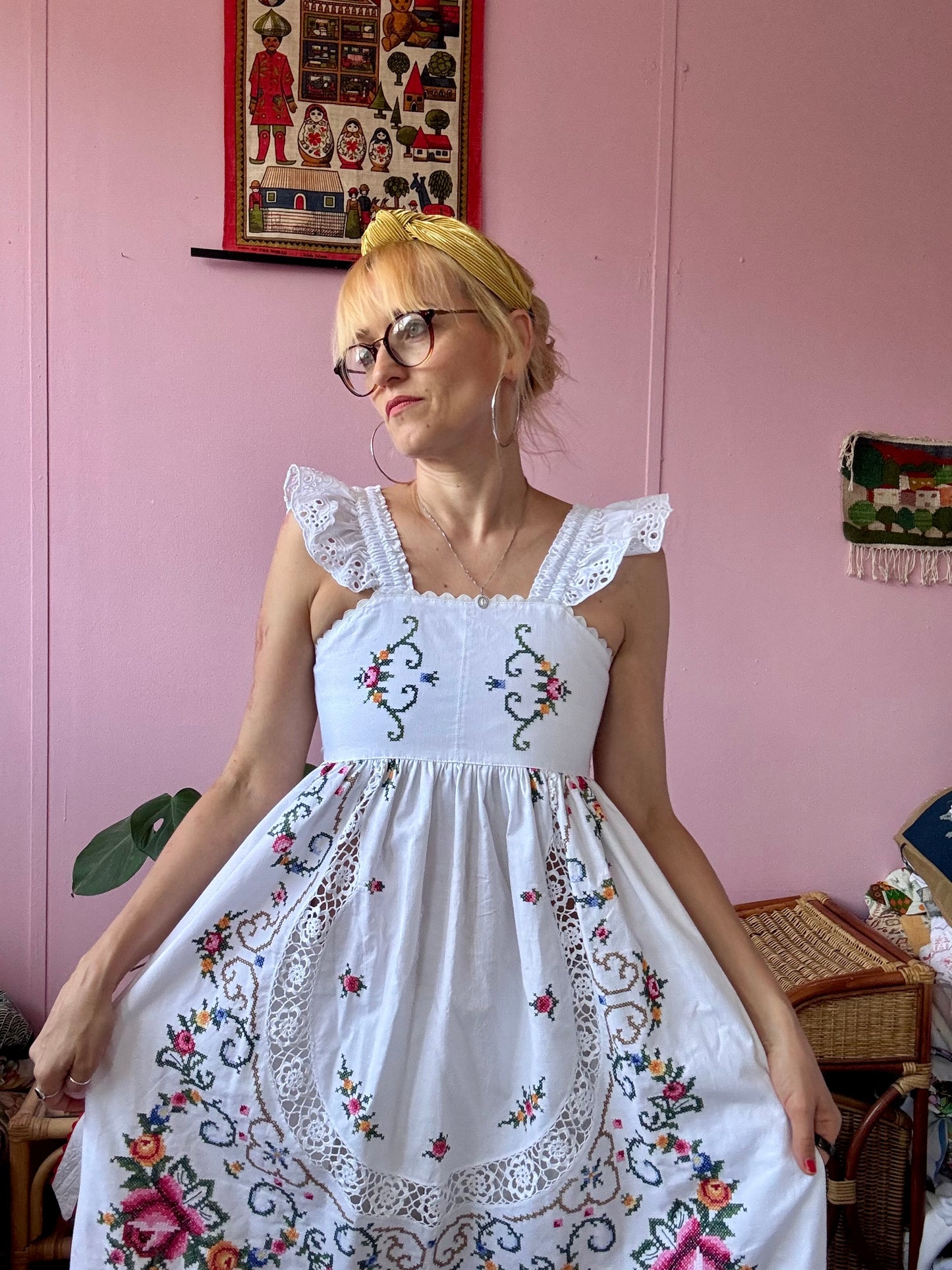 Maxi dress with hand embroidery and elasticated lace straps