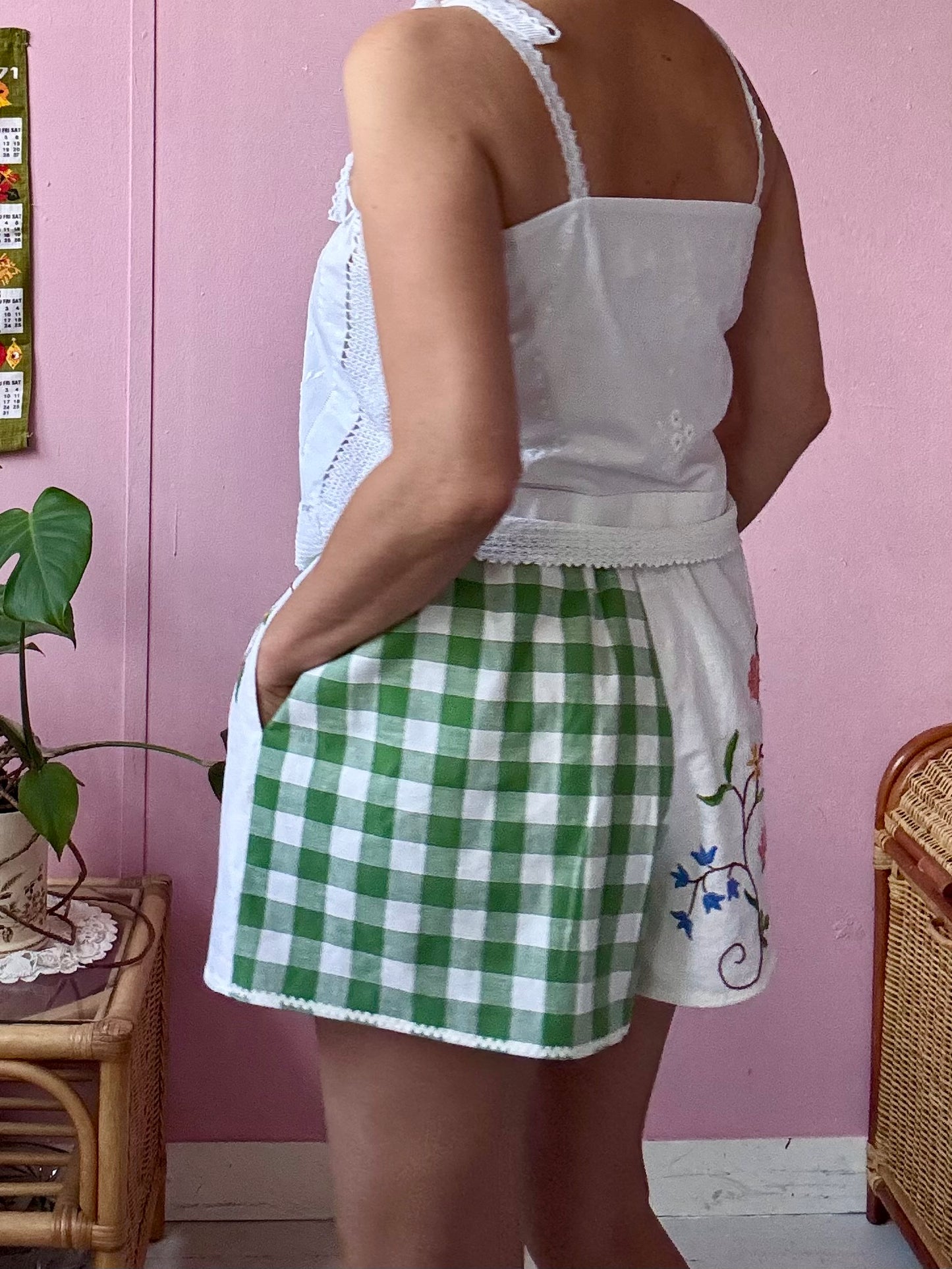 Green gingham and floral shorts