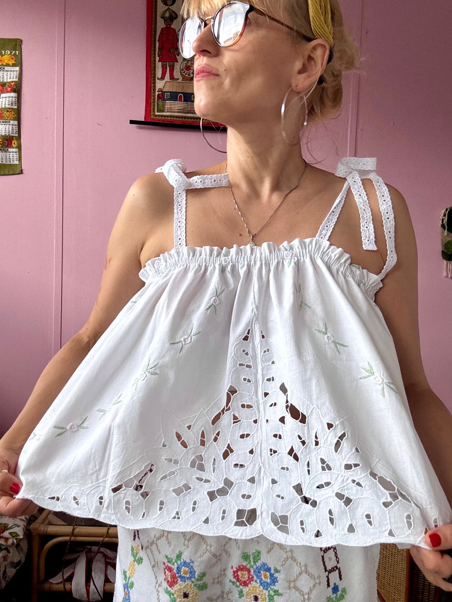 Summer top with embroidery and lace straps