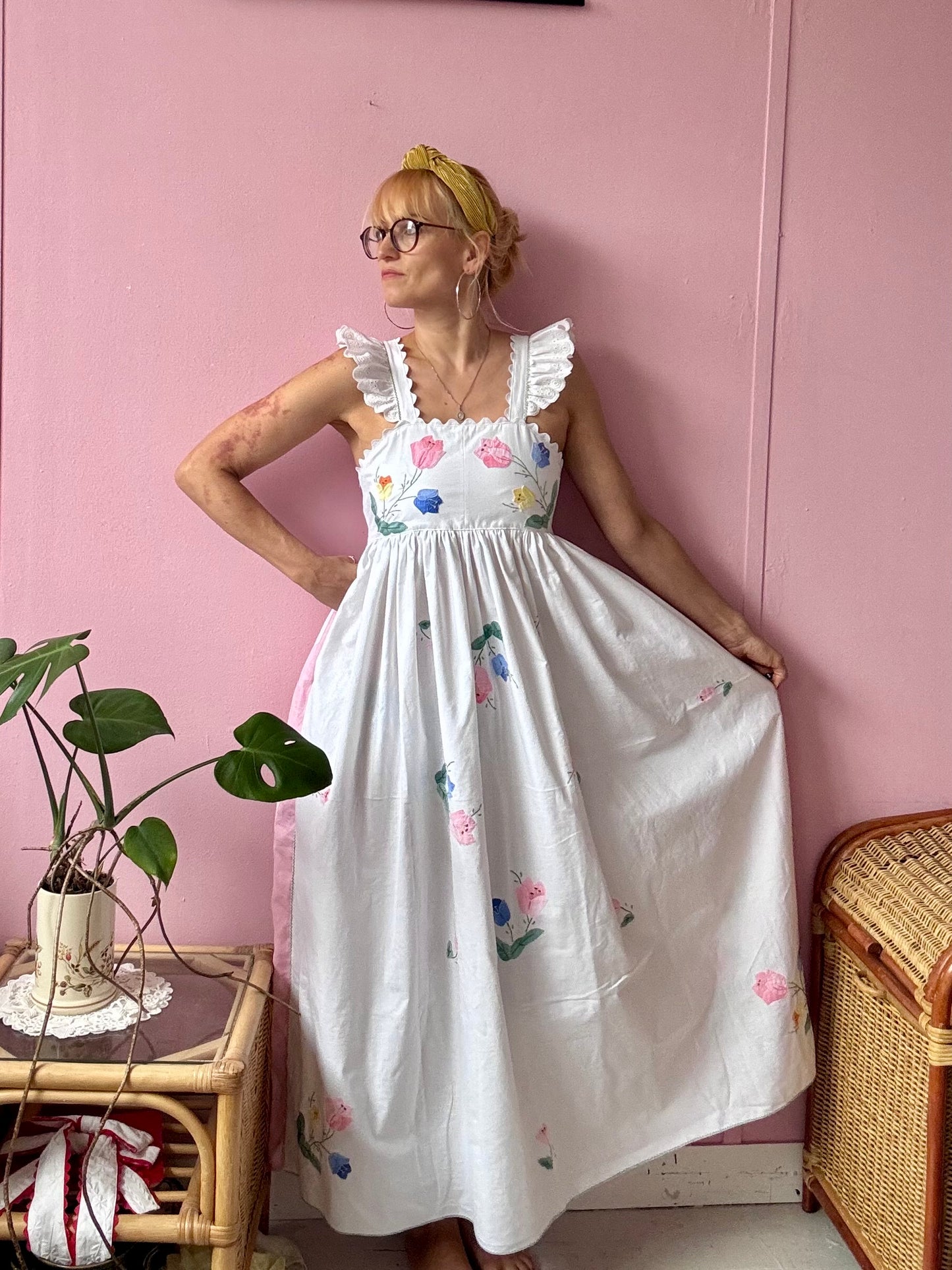 Floral maxi dress made from 2 vintage tablecloths