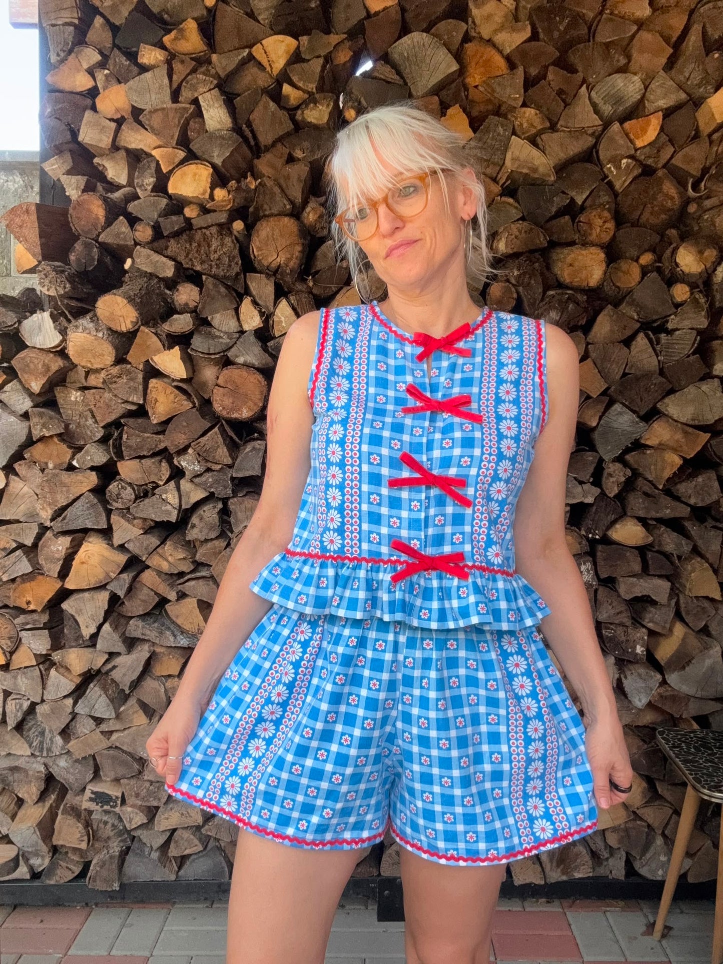 Blue and white shorts set with red ric rac