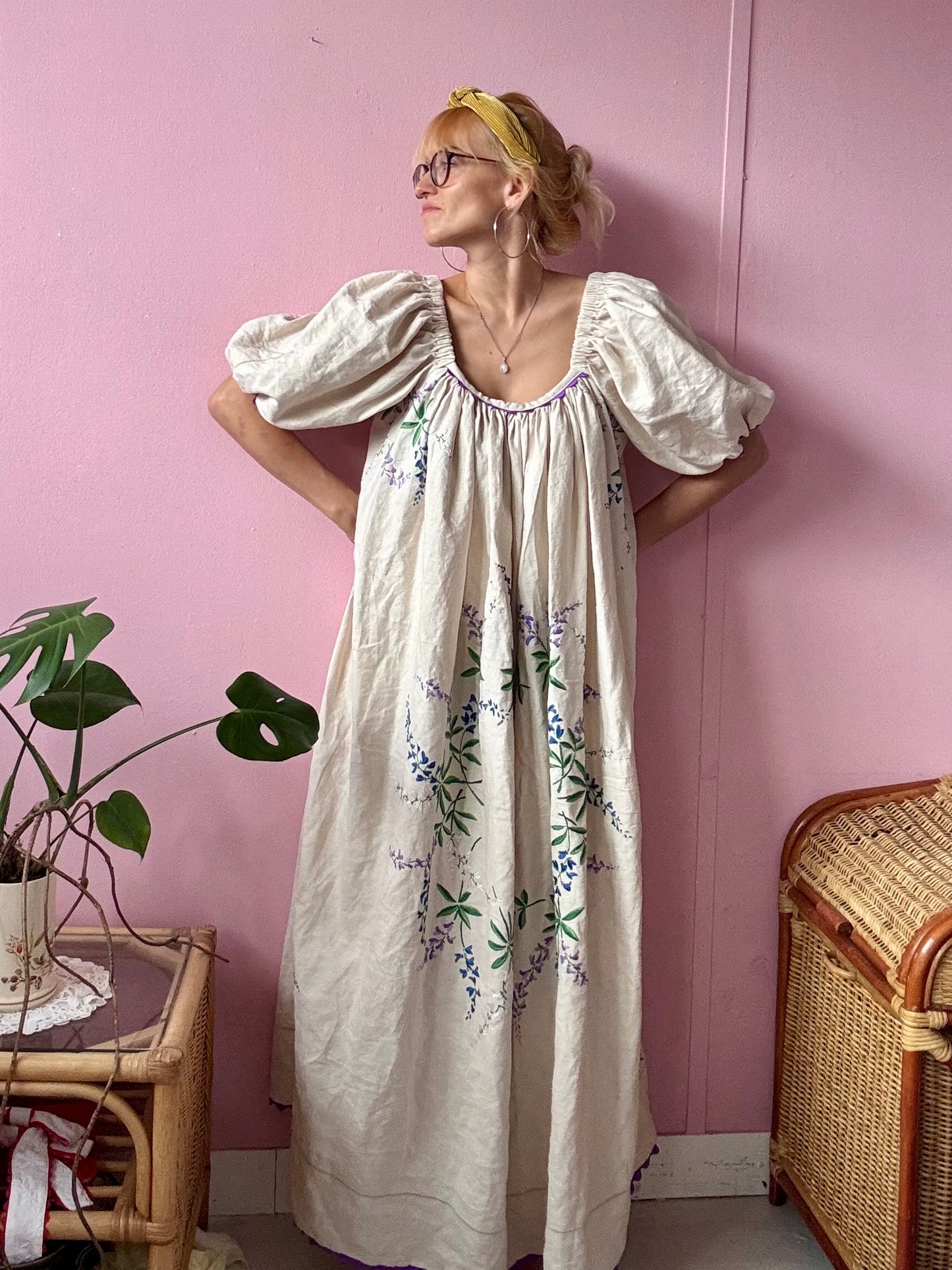Cream linen maxi dress with purple flowers and ric rac