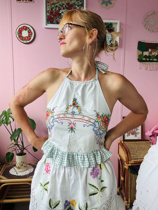 Cross stitch halter neck with green check back ties and frill