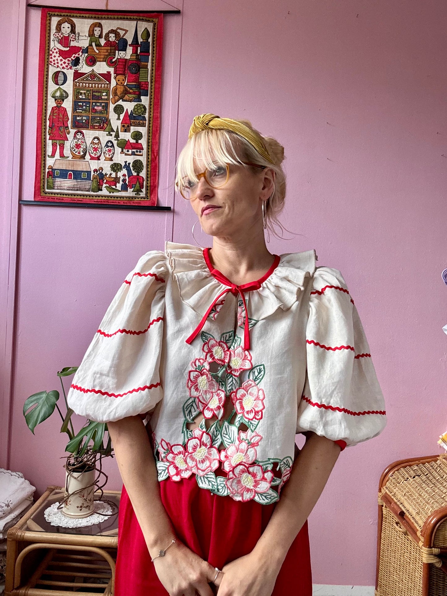 Beige blouse with red flowers and ric rac