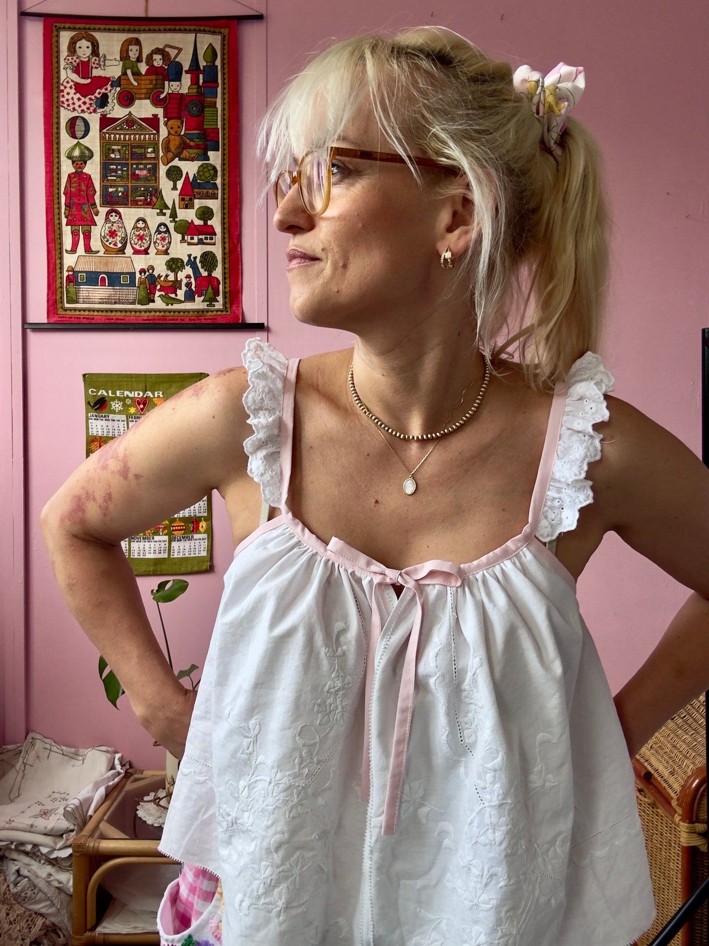 White top with pink straps