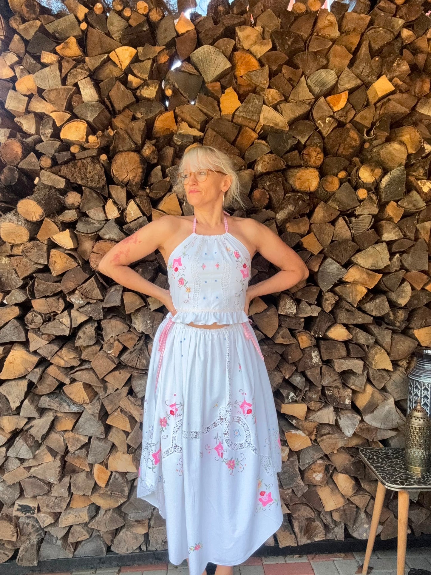 Floral skirt set with gingham straps