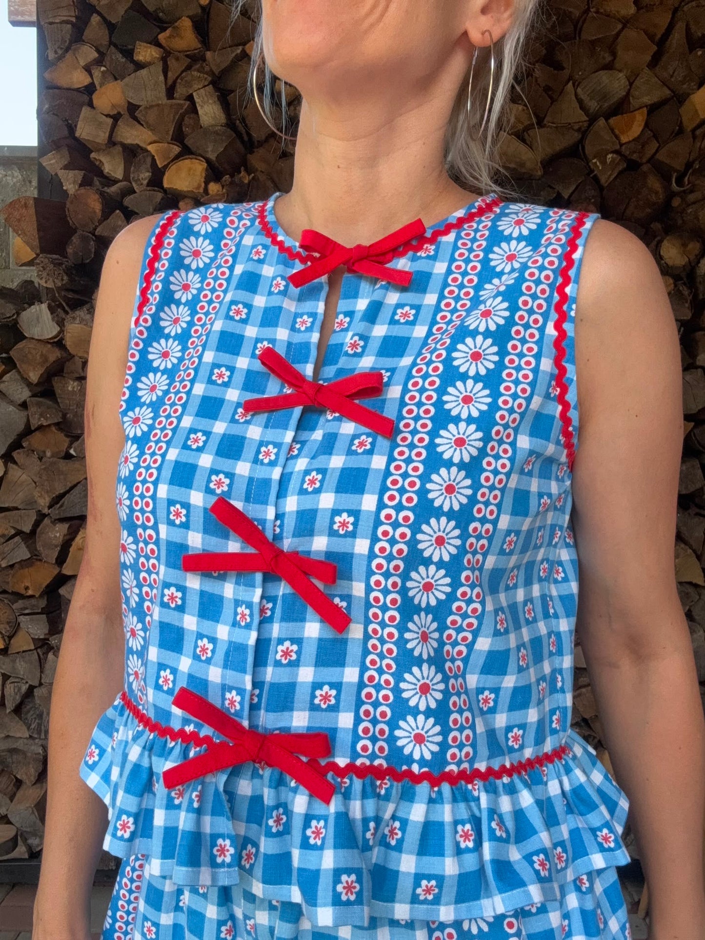Blue and white shorts set with red ric rac