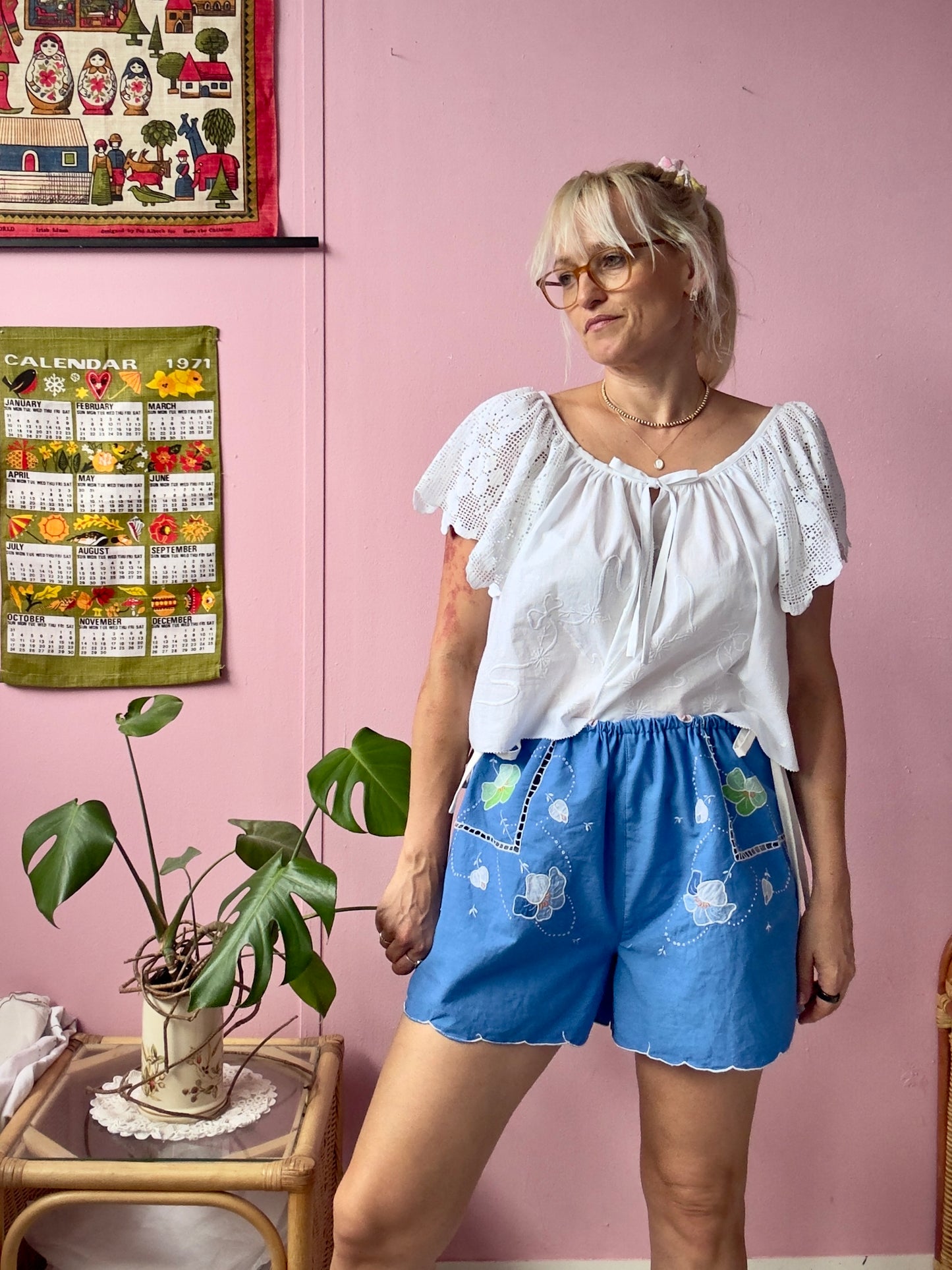 Blue shorts with white bows